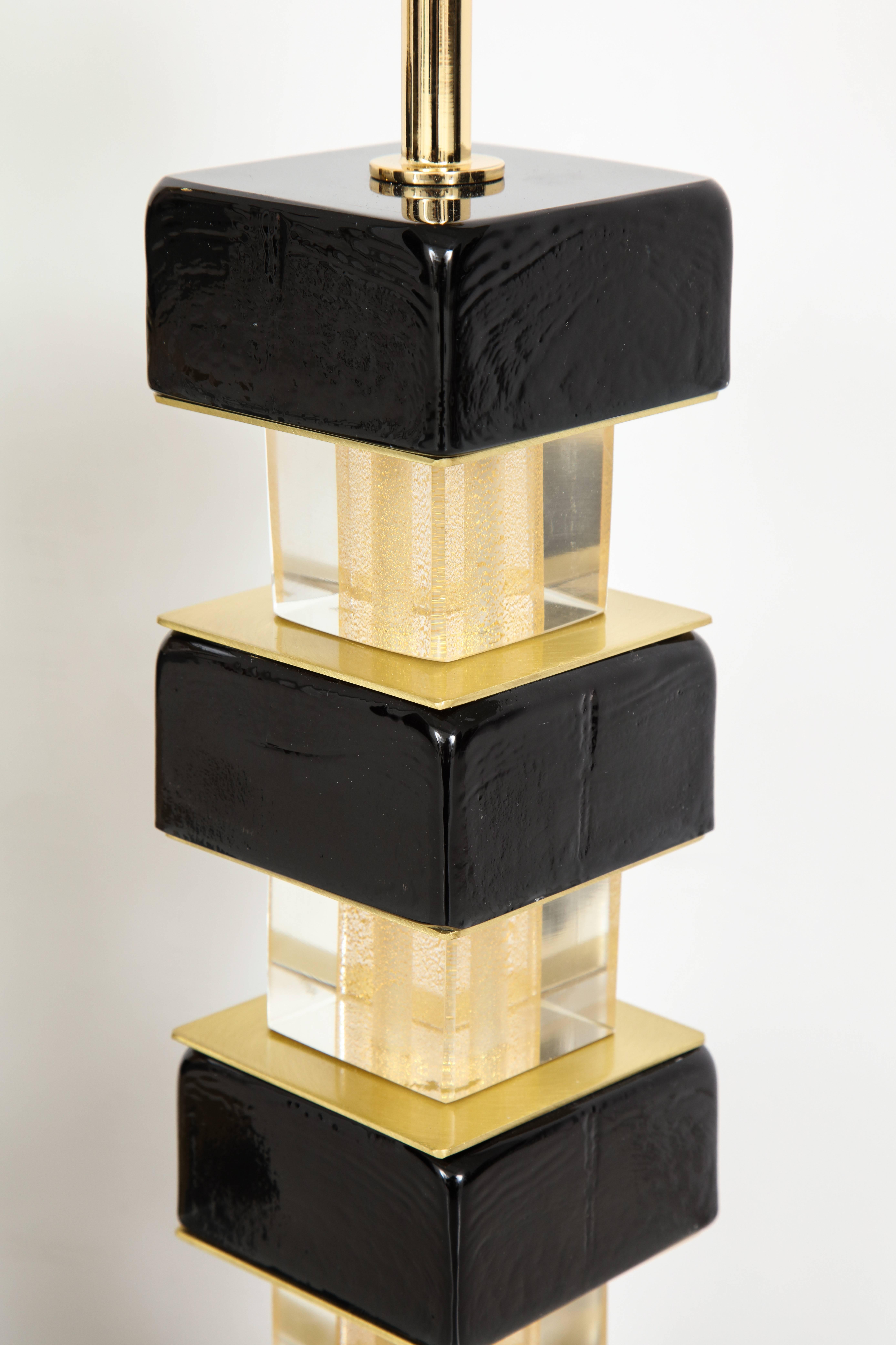 Italian Pair of Black Murano Glass Blocks and Brass Lamps, Signed