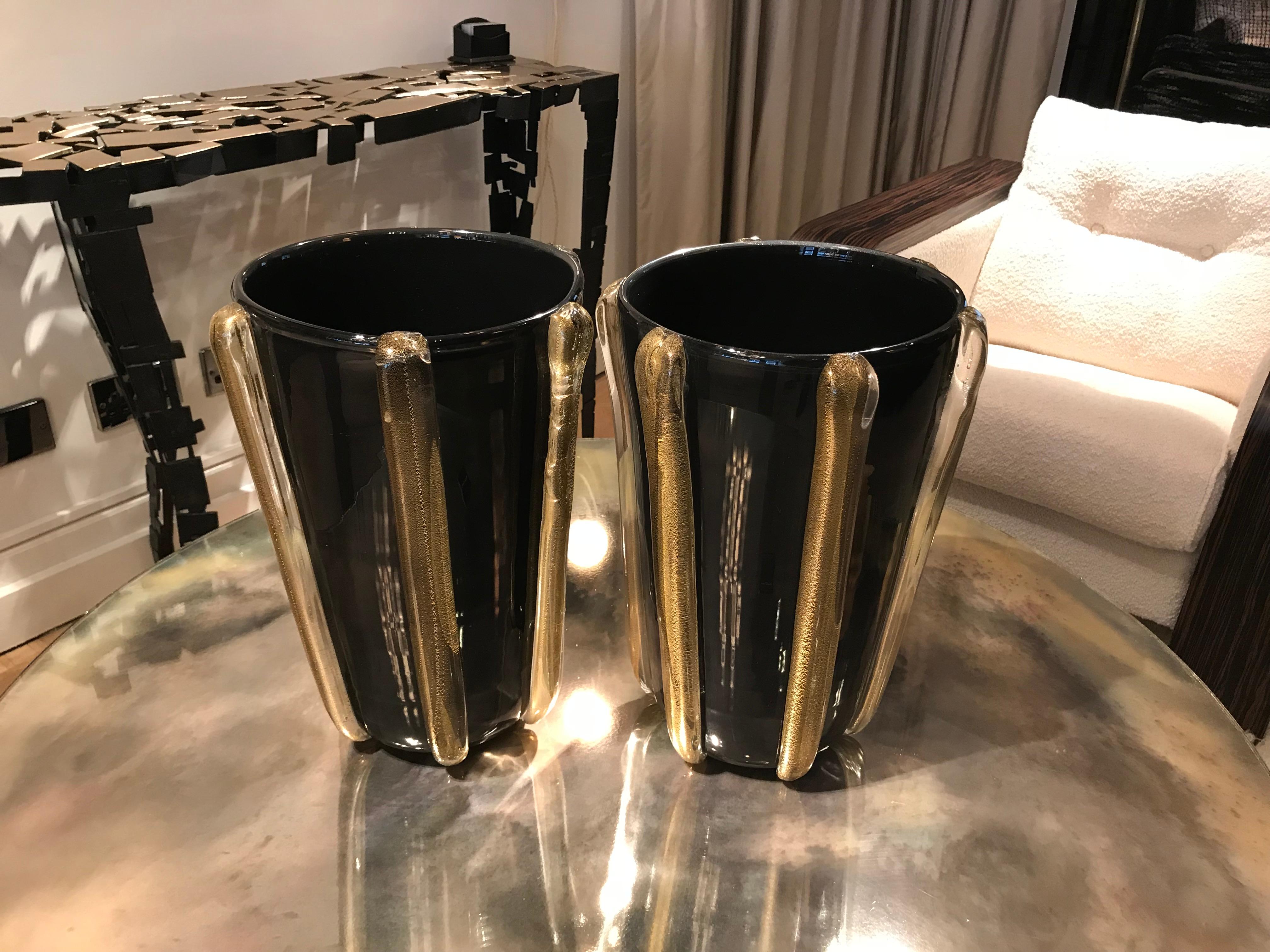 Contemporary Pair of Black Murano Glass Vases with Gold Detailing