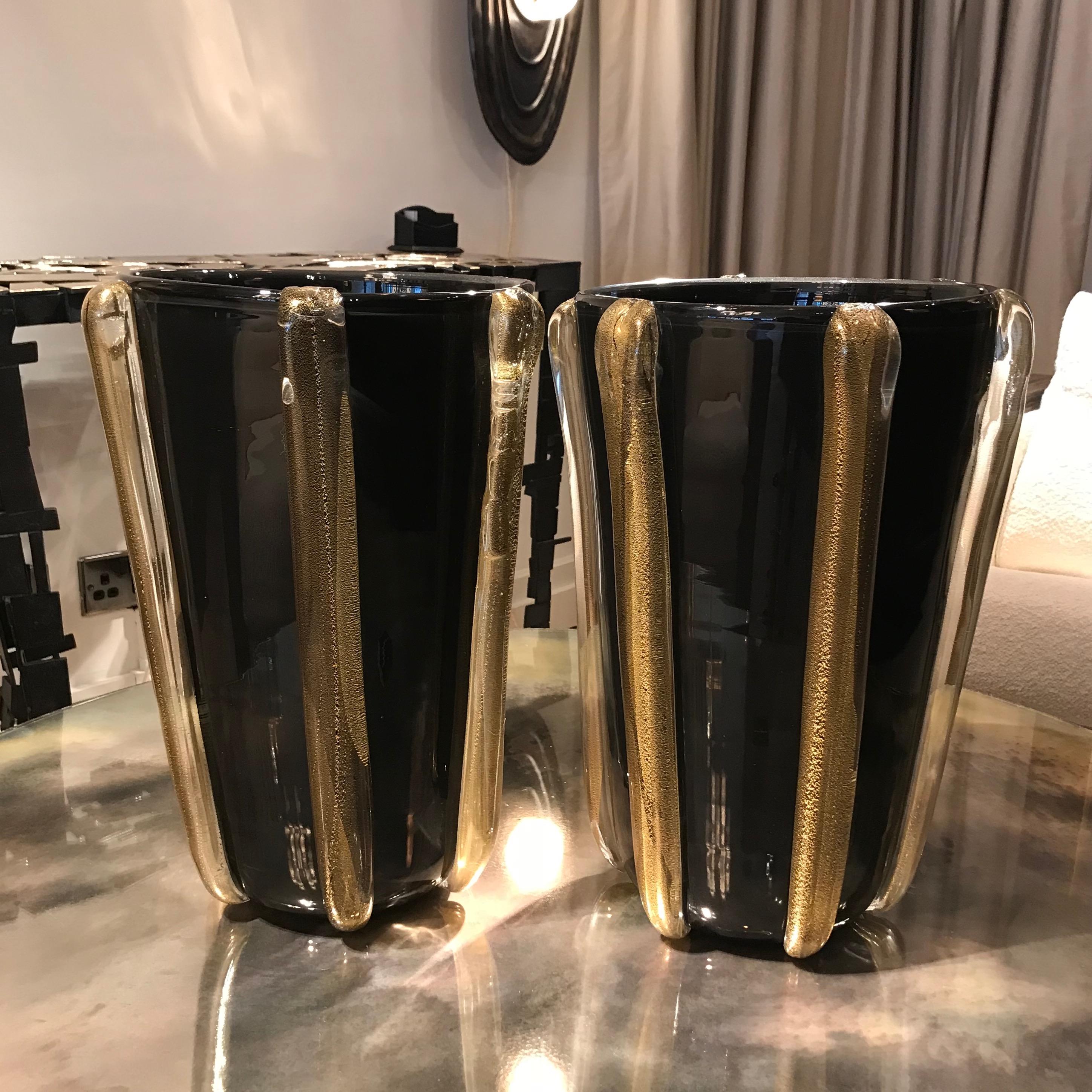 Pair of Black Murano Glass Vases with Gold Detailing 1
