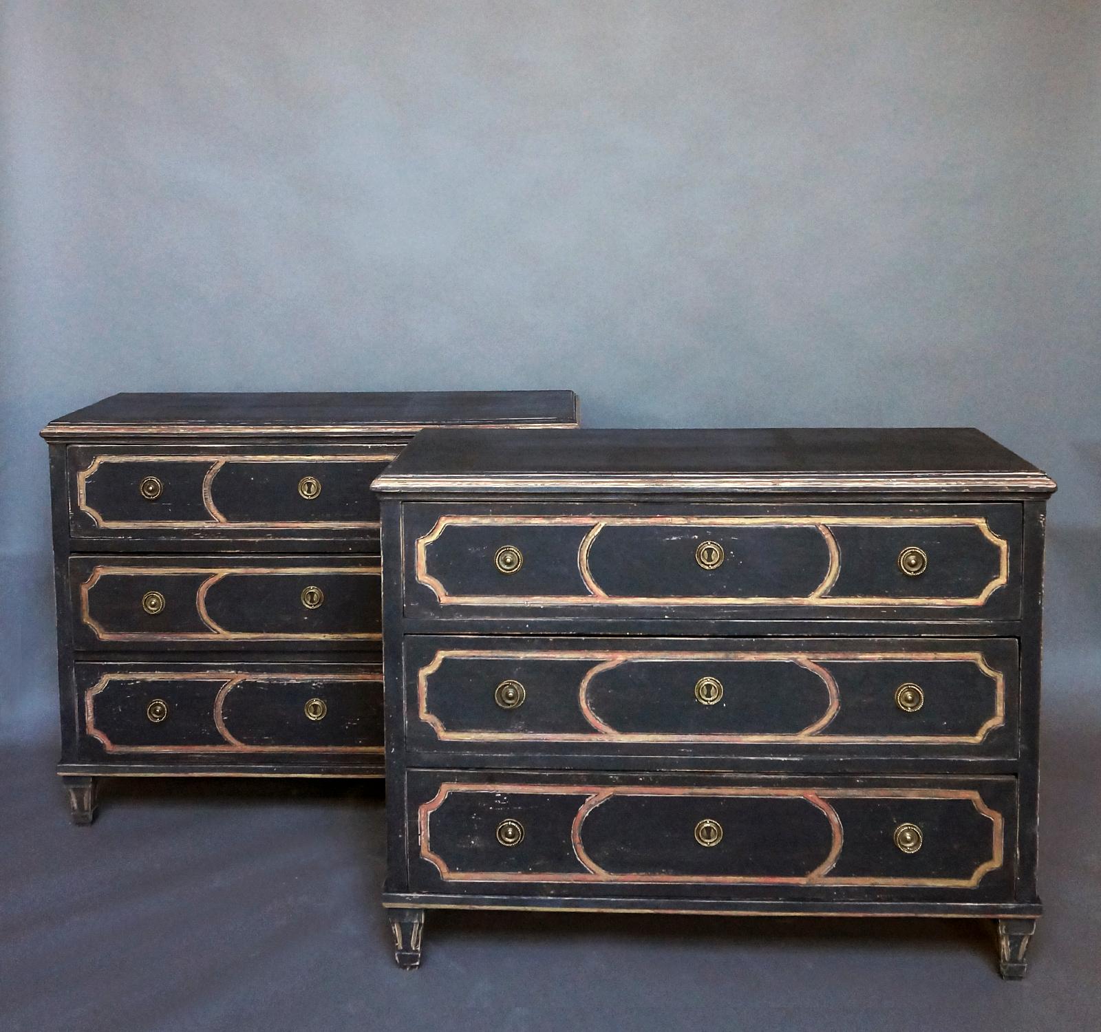Swedish Pair of Black Neoclassical Chests of Drawers