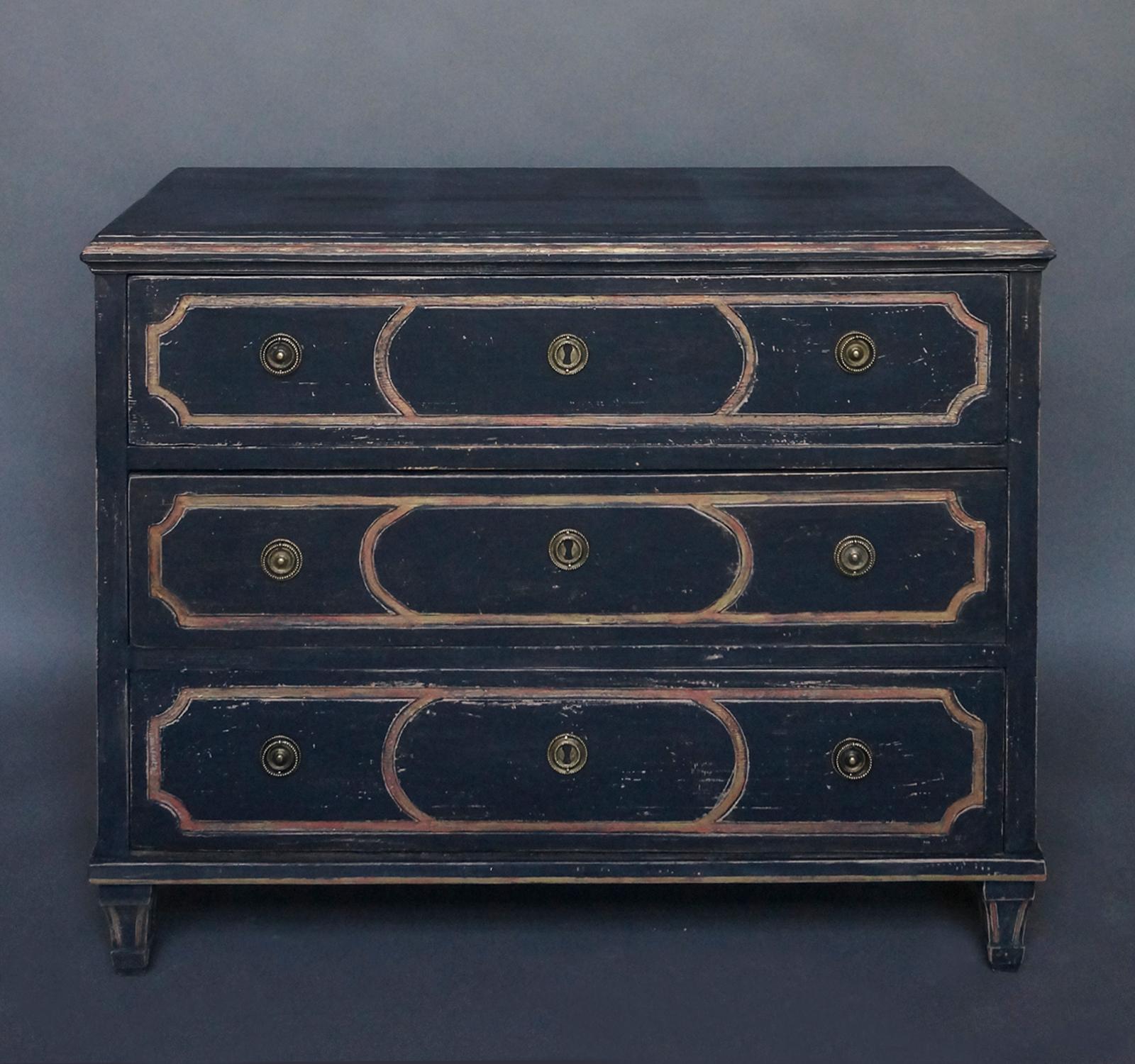 Hand-Painted Pair of Black Neoclassical Chests of Drawers