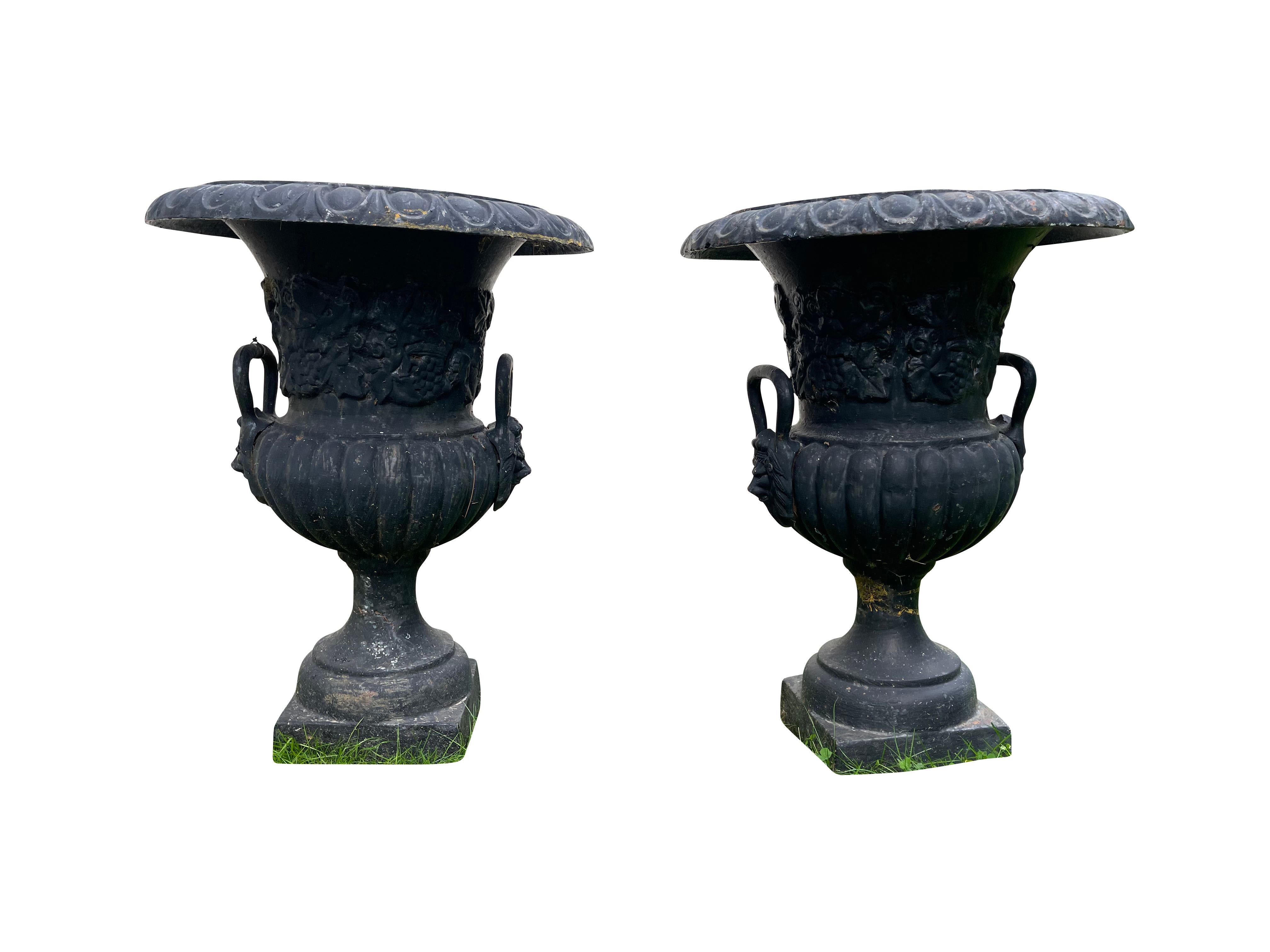 Pair of Black Neoclassical Garden Urns with Lion Mask Decoration For Sale 8