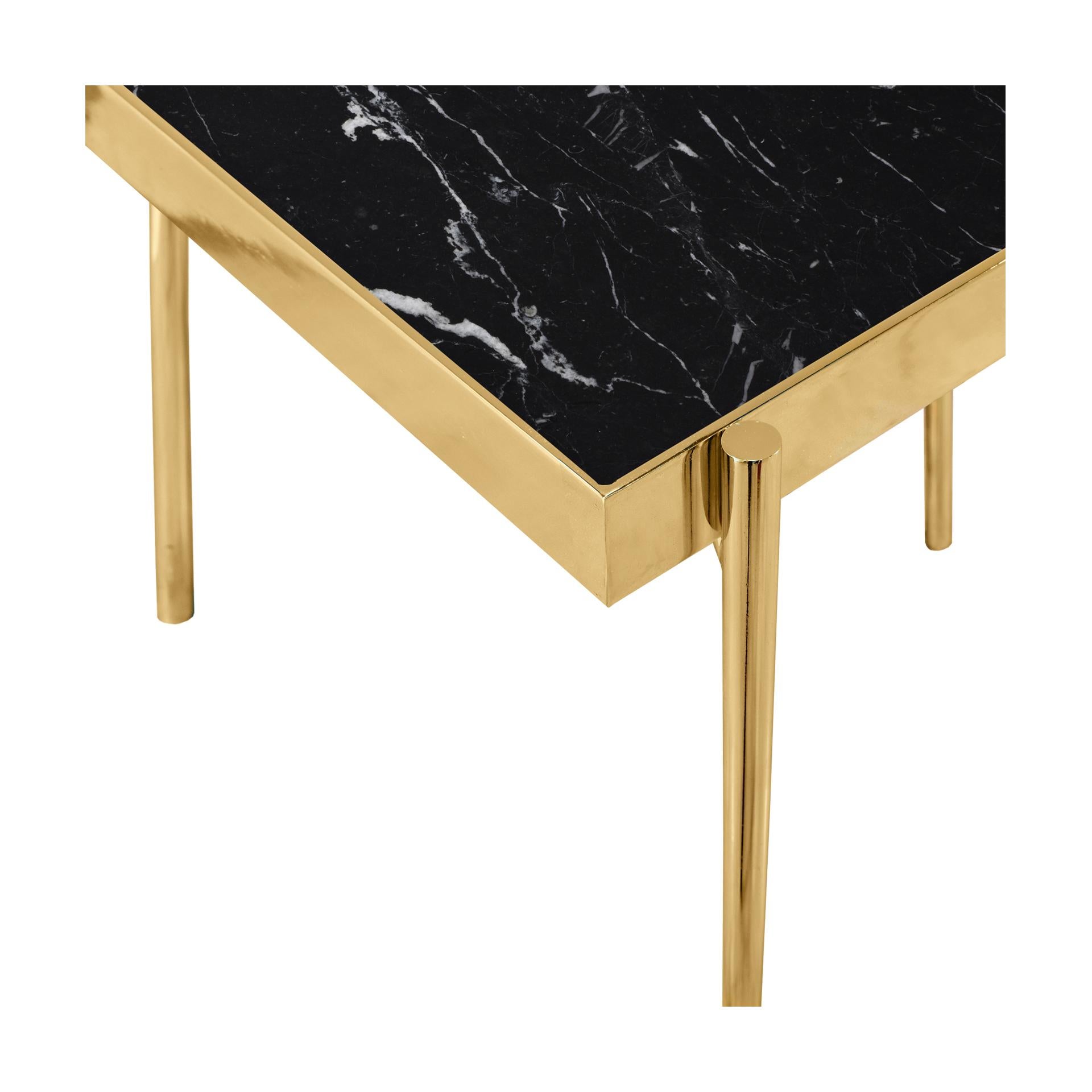 These simple, geometrically shaped table tops are inspired by the work of Wassily Kandinsky. It combines four different marble tops with two different structures. A full thin metal structure with titanium gold or stainless steel is available as well