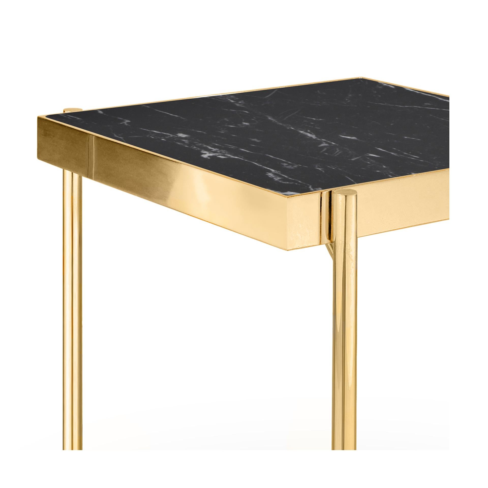 Portuguese Pair of Black Nero Marquina Marble Gold Titanium Side Tables For Sale