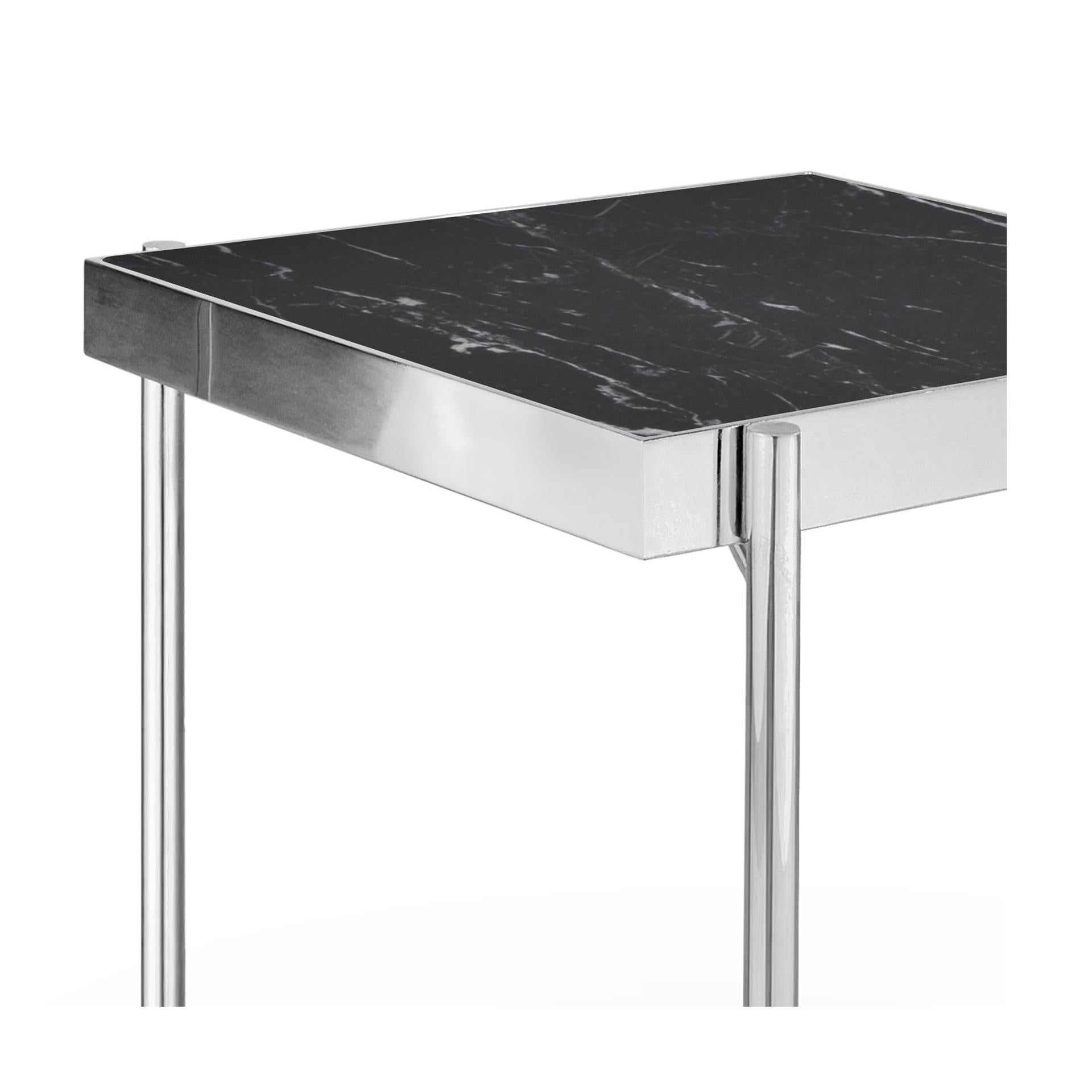 Contemporary Pair of Black Nero Marquina Marble Gold Titanium Side Tables For Sale