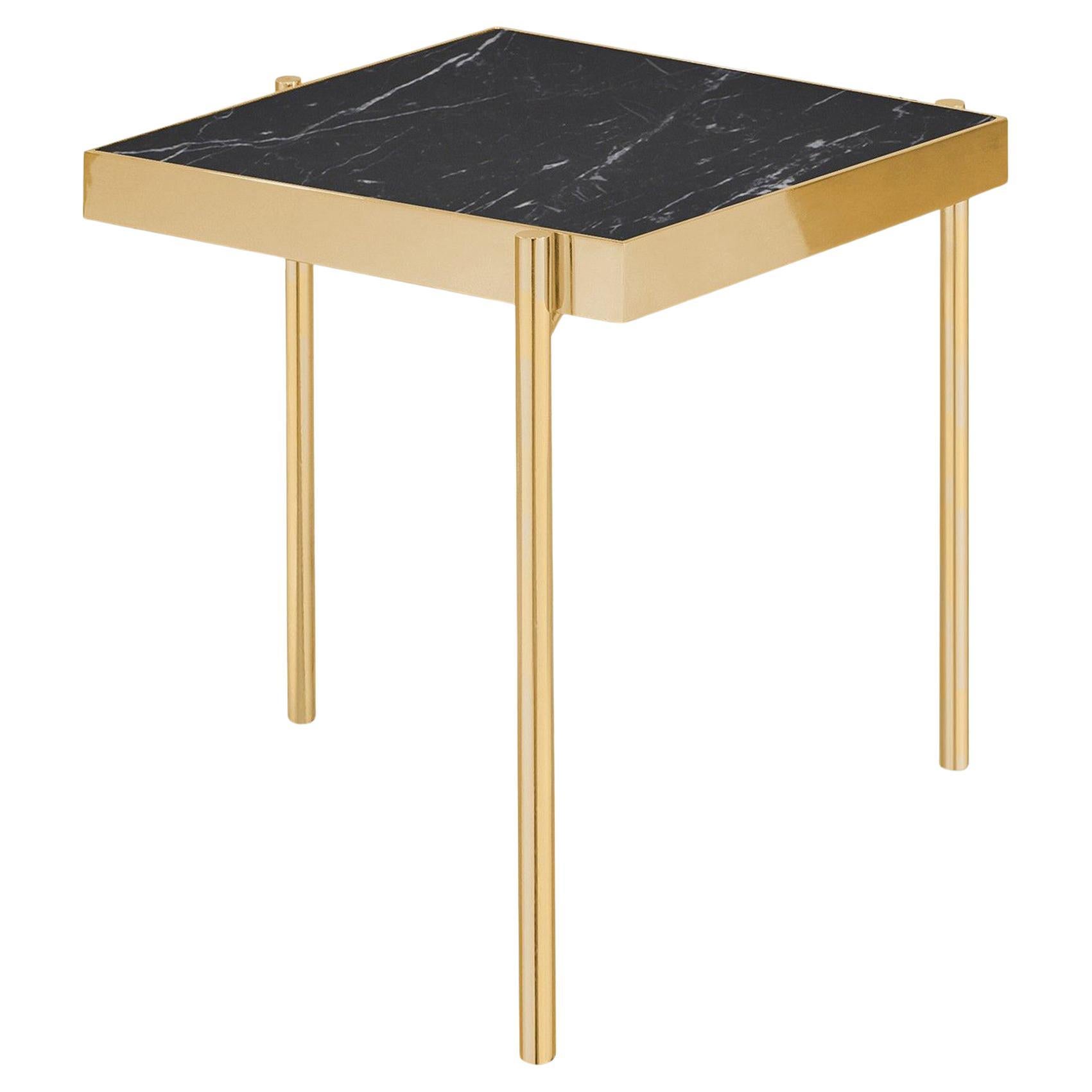 Pair of Black Nero Marquina Marble Gold Titanium Side Tables For Sale