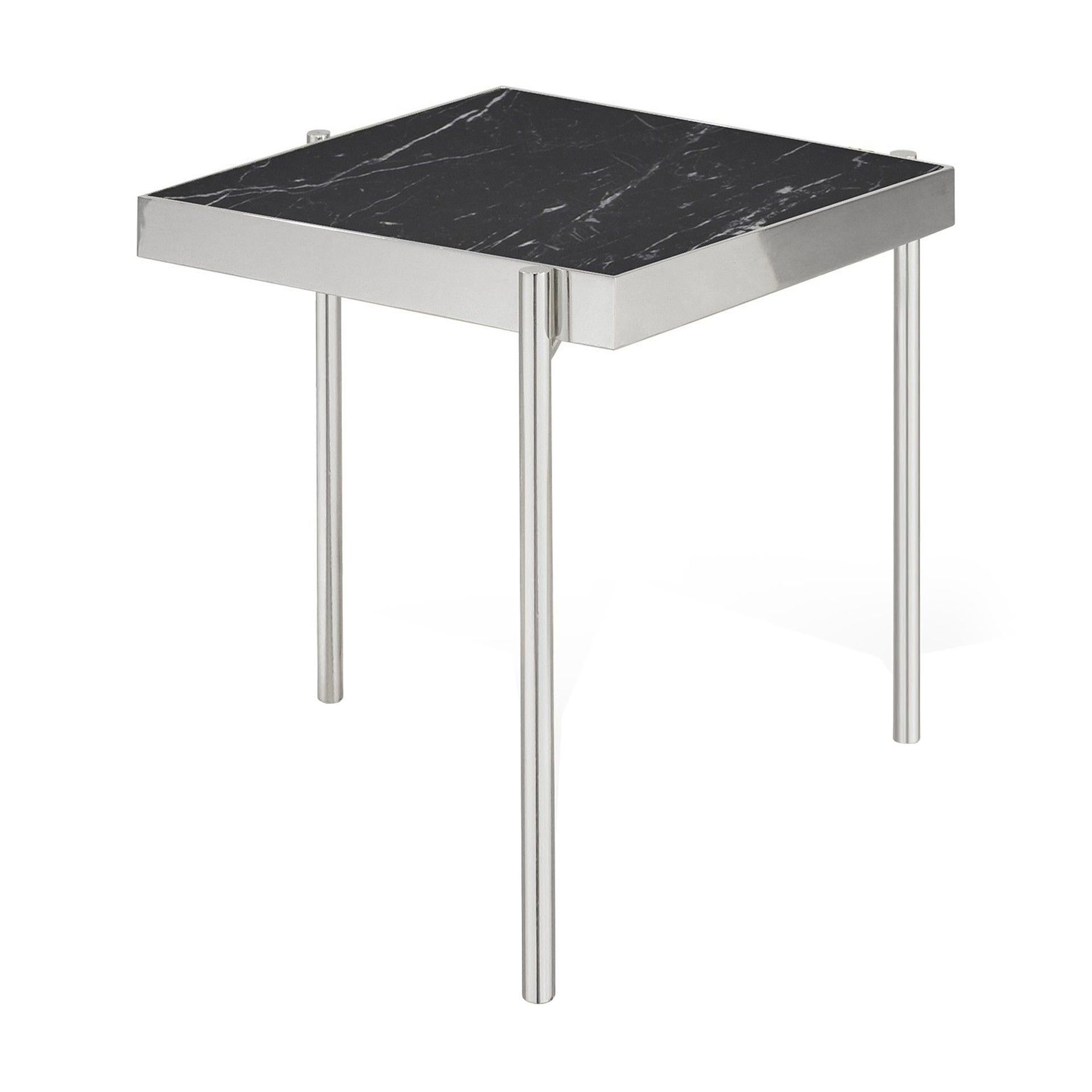 Contemporary Pair of Black Nero Marquina Marble Stainless Steel Side Tables For Sale
