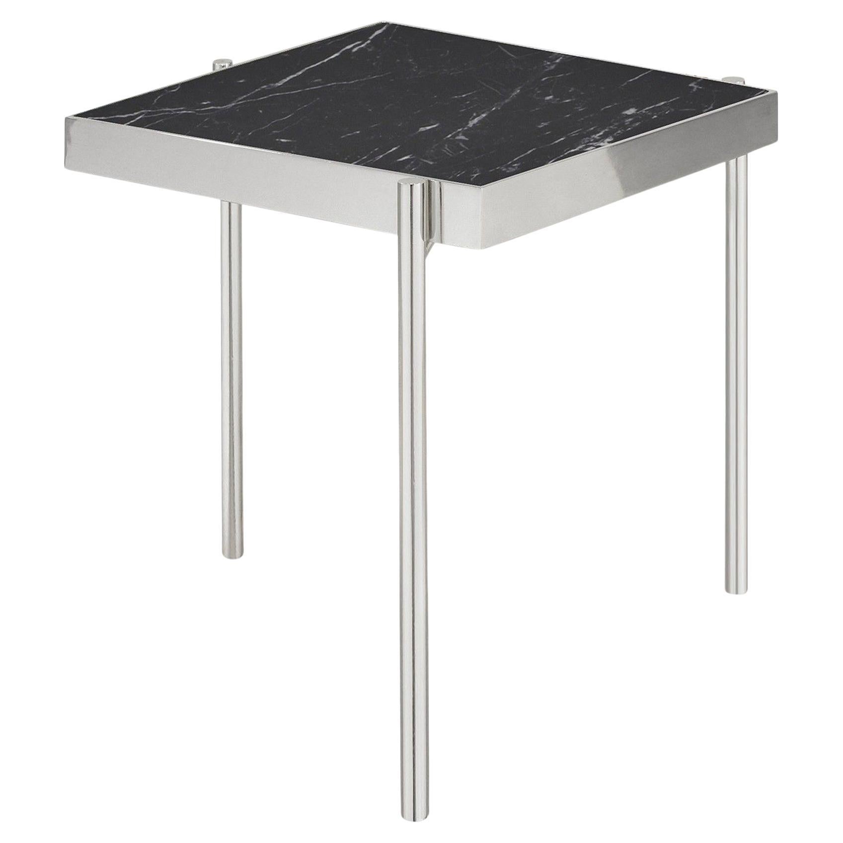 Pair of Black Nero Marquina Marble Stainless Steel Side Tables For Sale