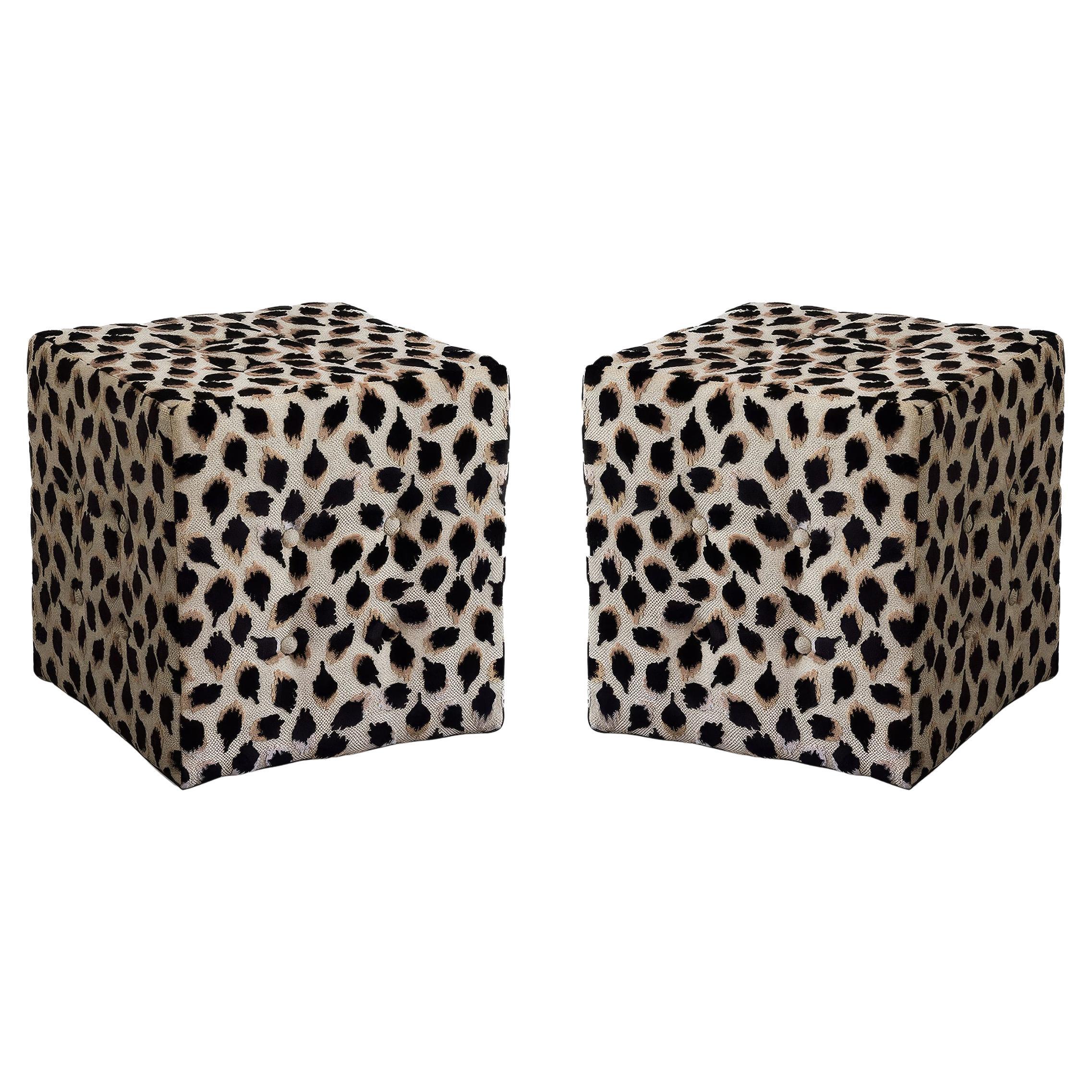 Pair of Black Ocelot Cube Ottomans