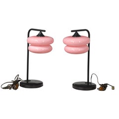 Pair of Black Onyx and Iron Base Table Lamps with Pink Glass Shades