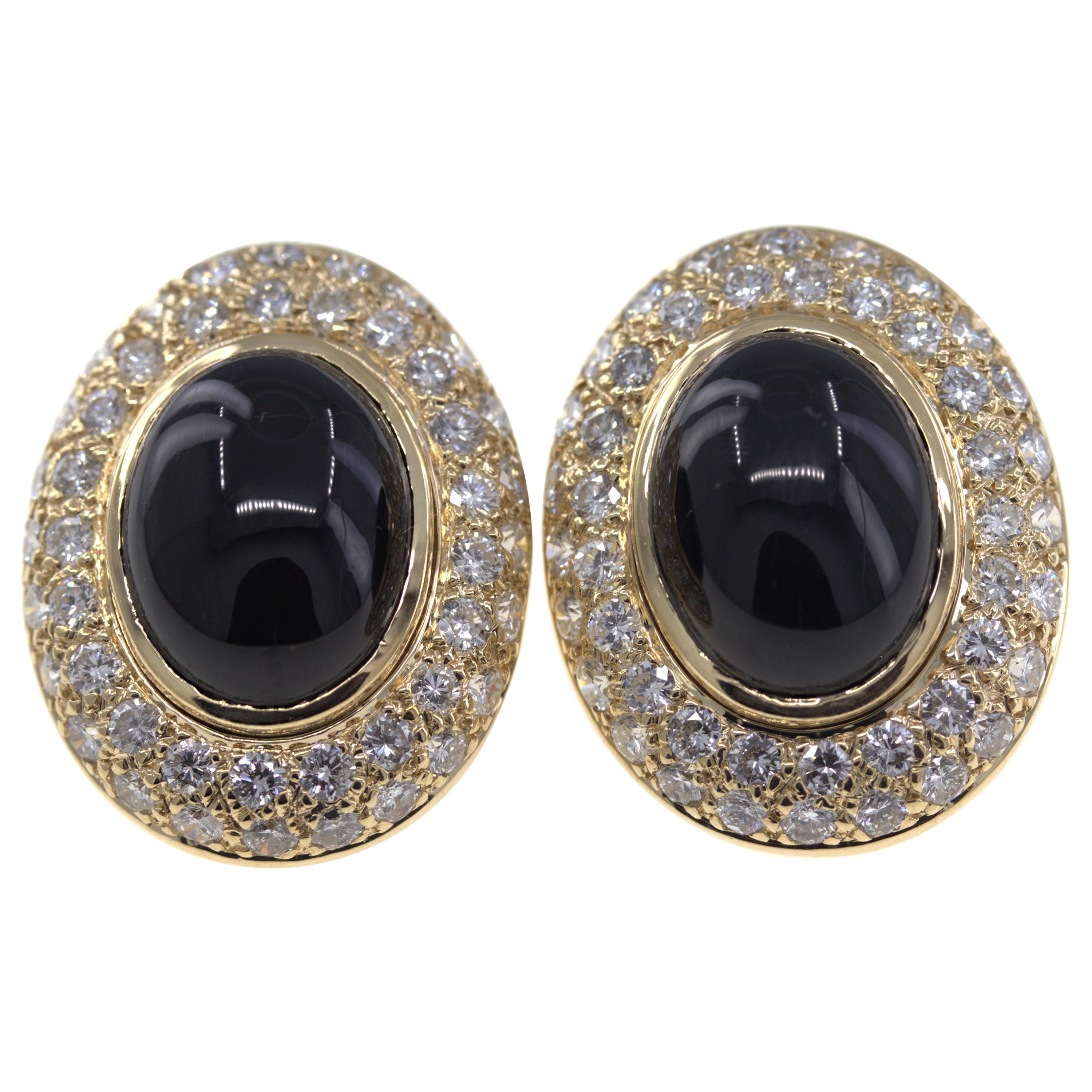 Paar Ohrringe aus 14 Karat Gelbgold mit schwarzem Onyx und Diamanten im Angebot