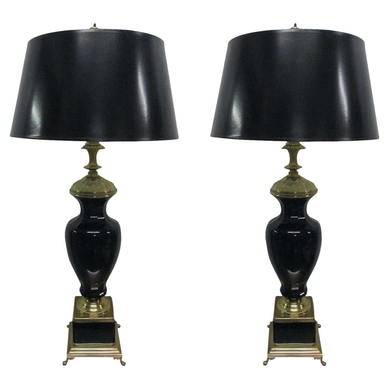 Pair of Black Opaline and Brass Lamps