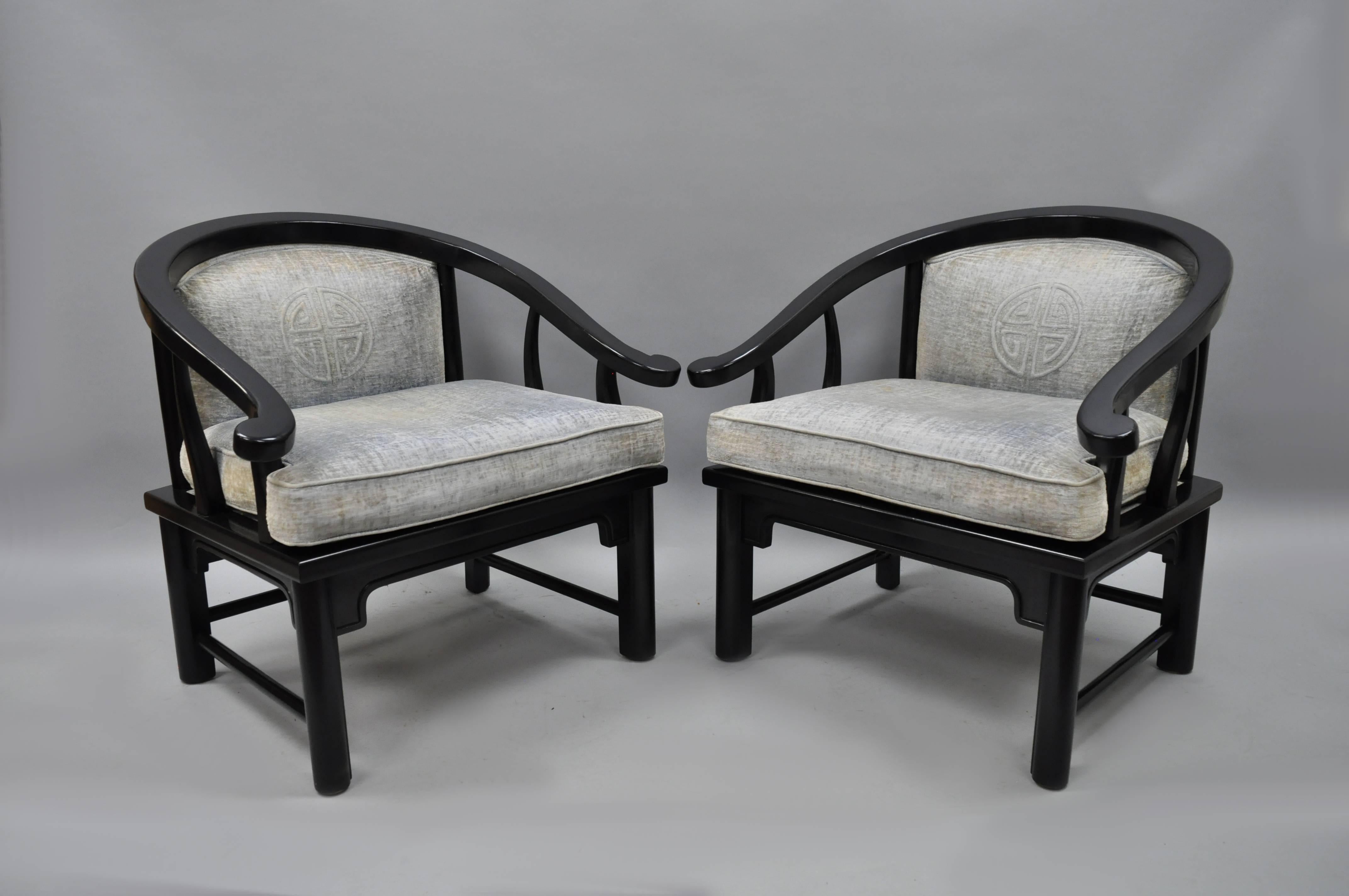 Wood Pair of Black Oriental James Mont Style Horseshoe Asian Lounge Chairs by Century