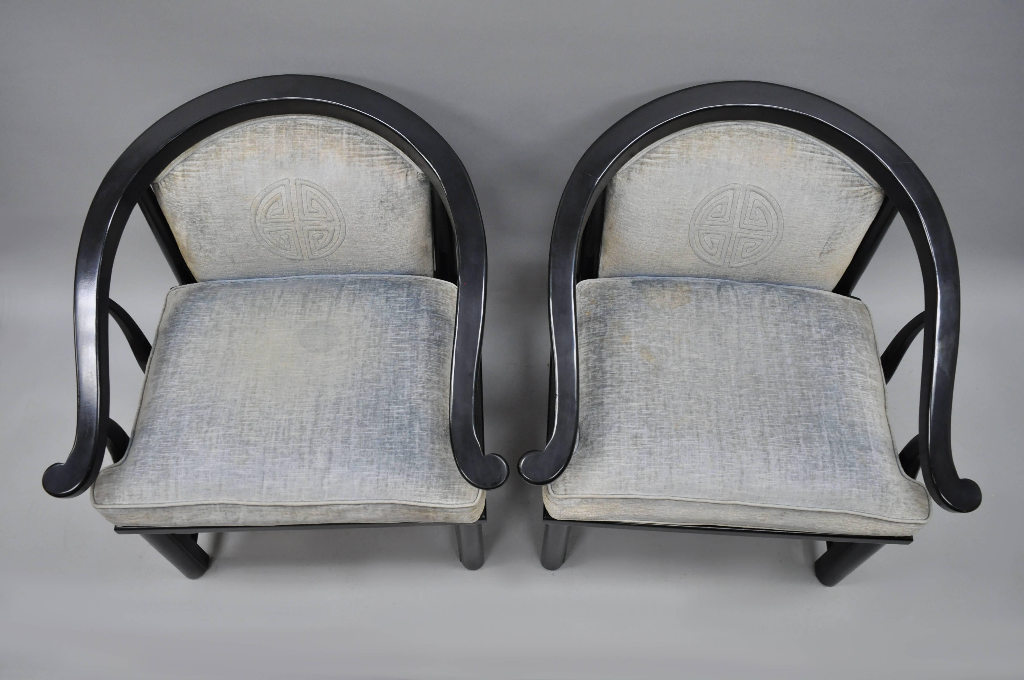 Chinoiserie Pair of Black Oriental James Mont Style Horseshoe Asian Lounge Chairs by Century