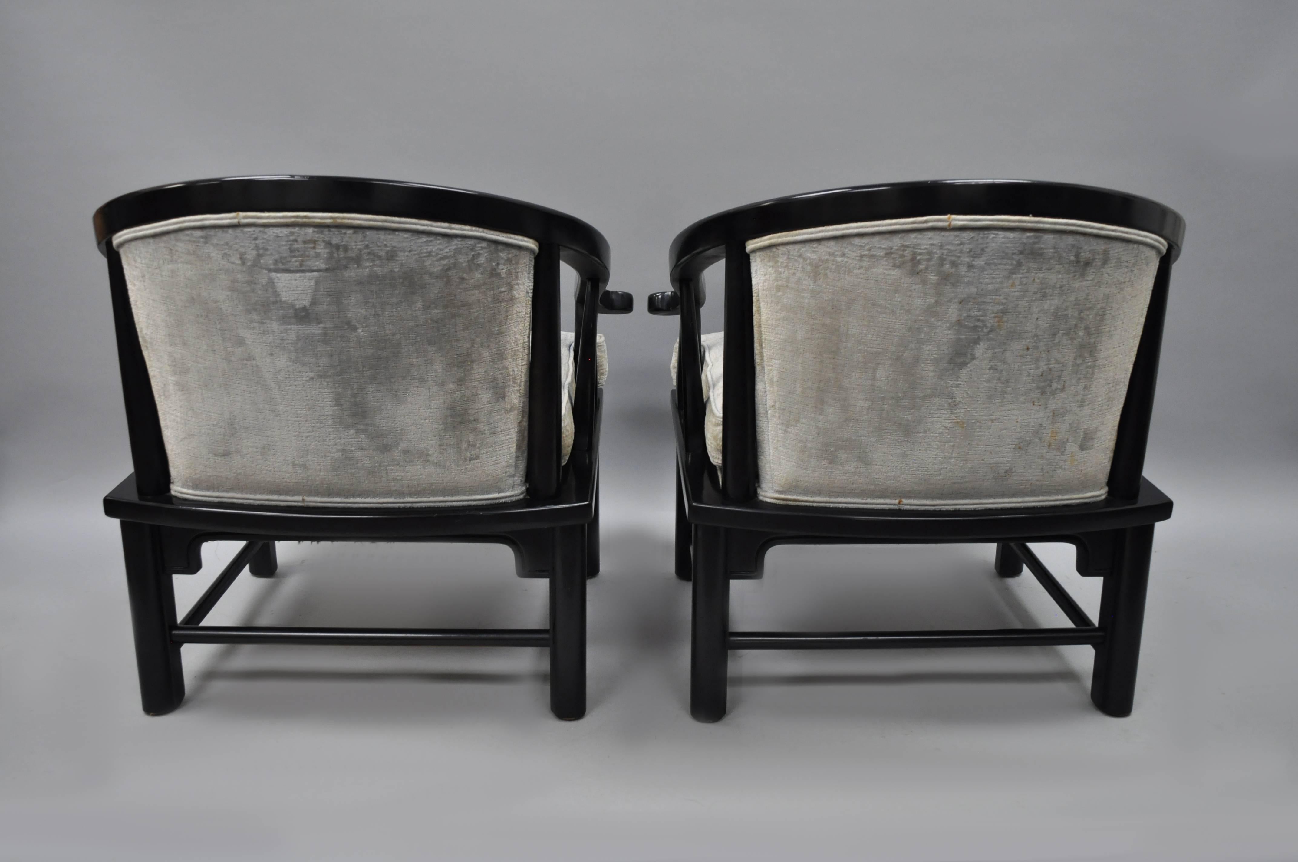 Late 20th Century Pair of Black Oriental James Mont Style Horseshoe Asian Lounge Chairs by Century