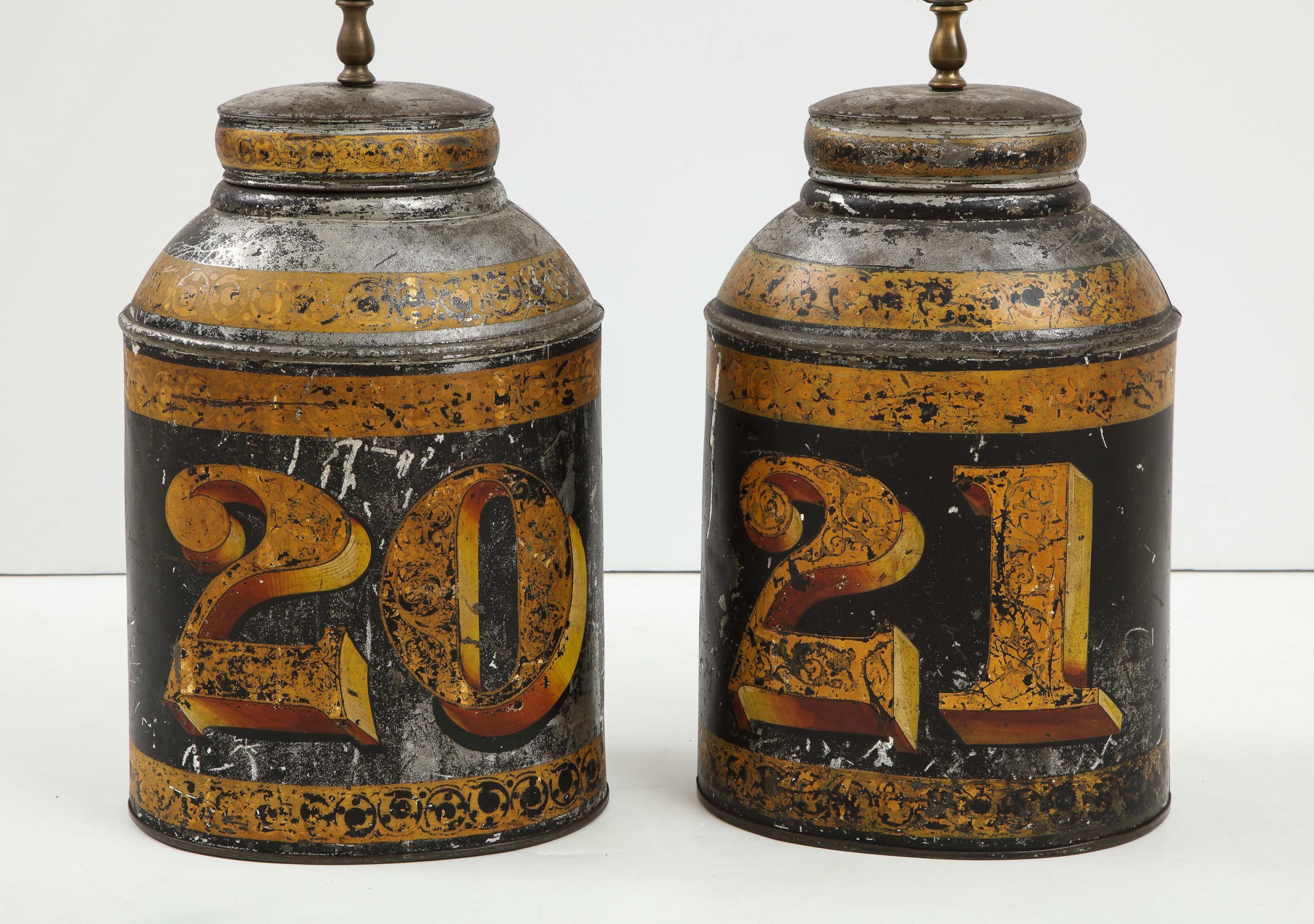 Japanned Pair of Black Oval Tea Tin Lamps