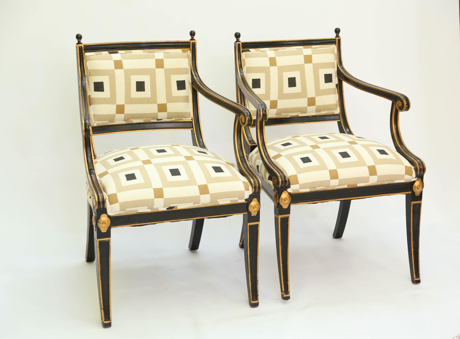 European Pair of Black Painted and Parcel-Gilt Regency Style Armchairs