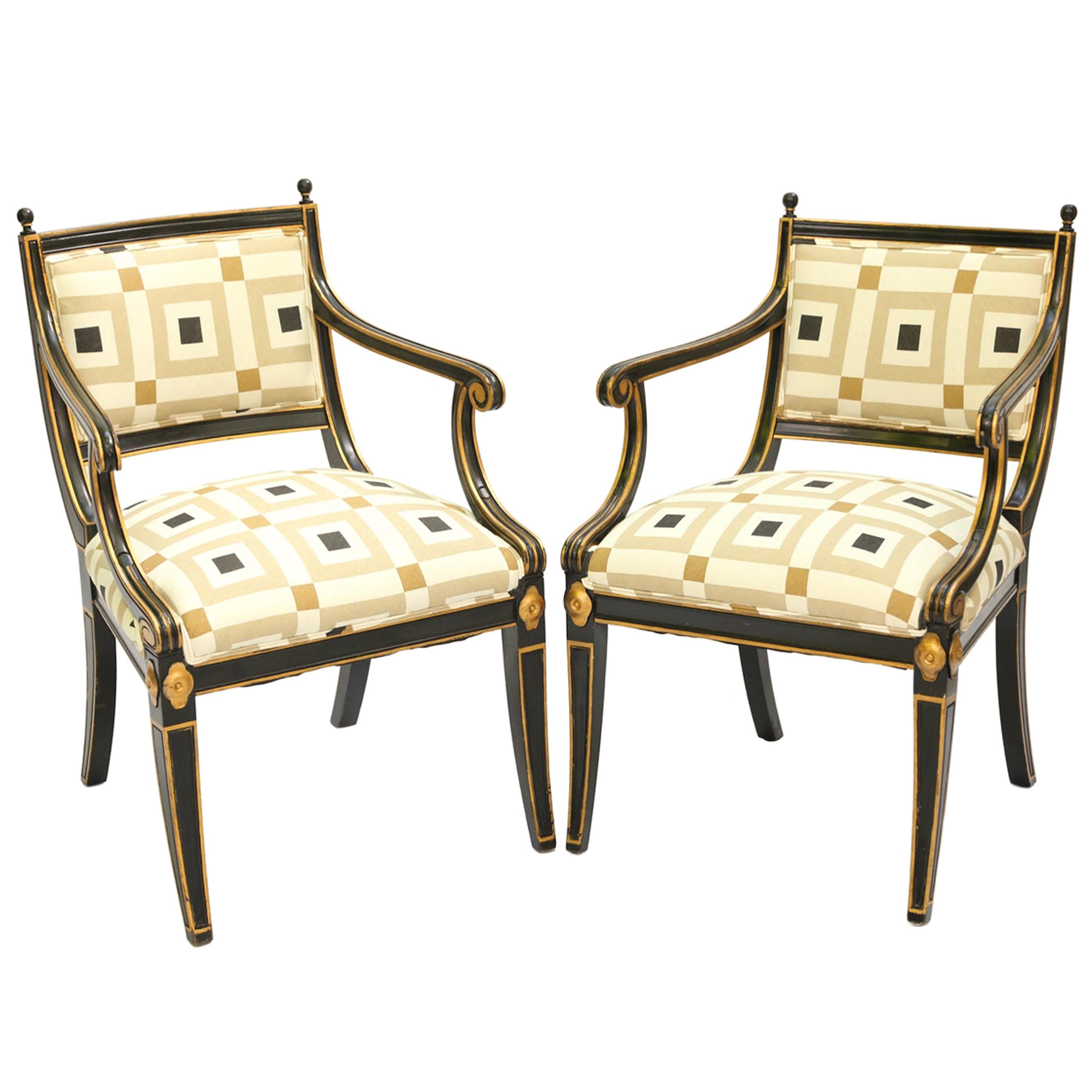 Pair of Black Painted and Parcel-Gilt Regency Style Armchairs