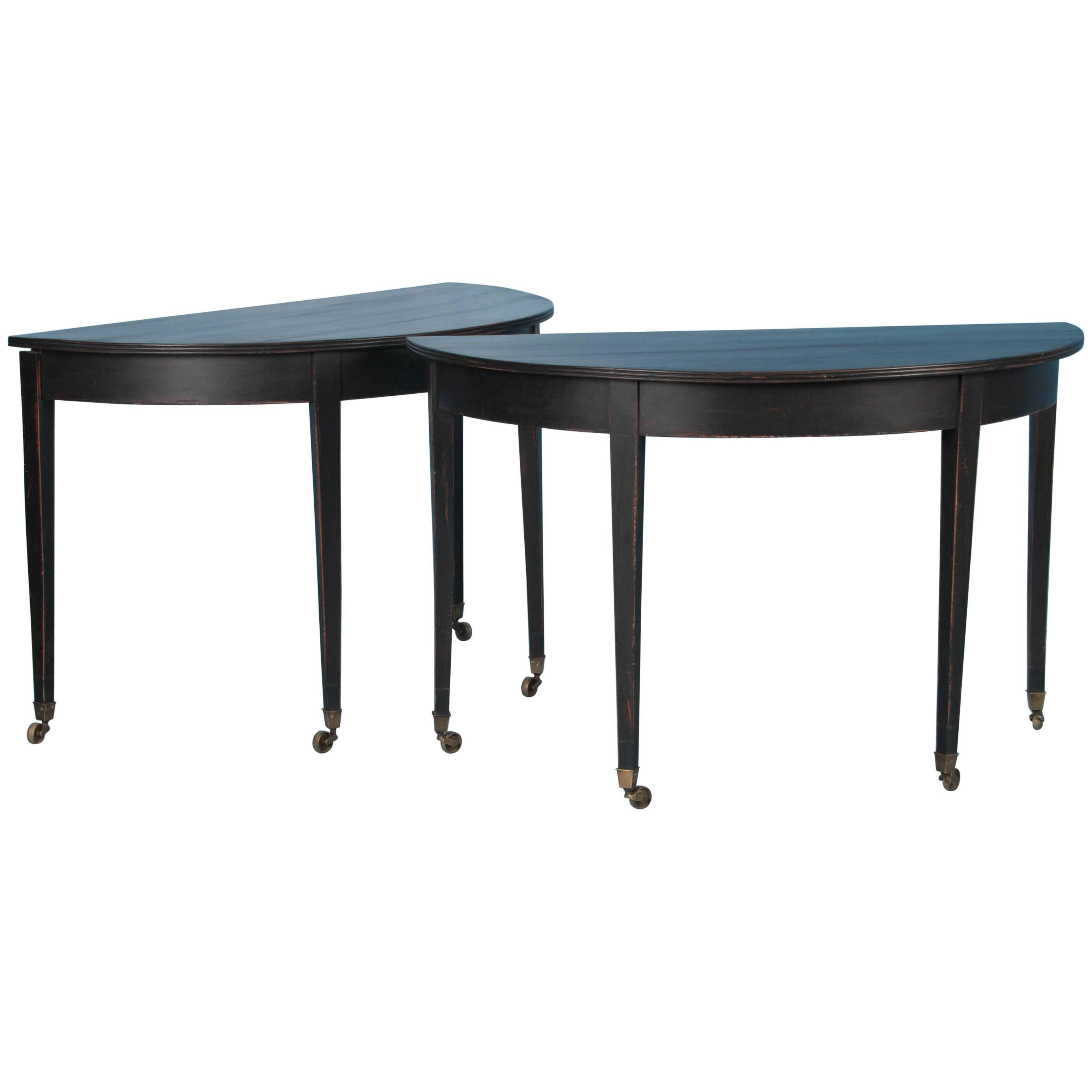 Pair of Black Painted Antique Swedish Demilune Tables