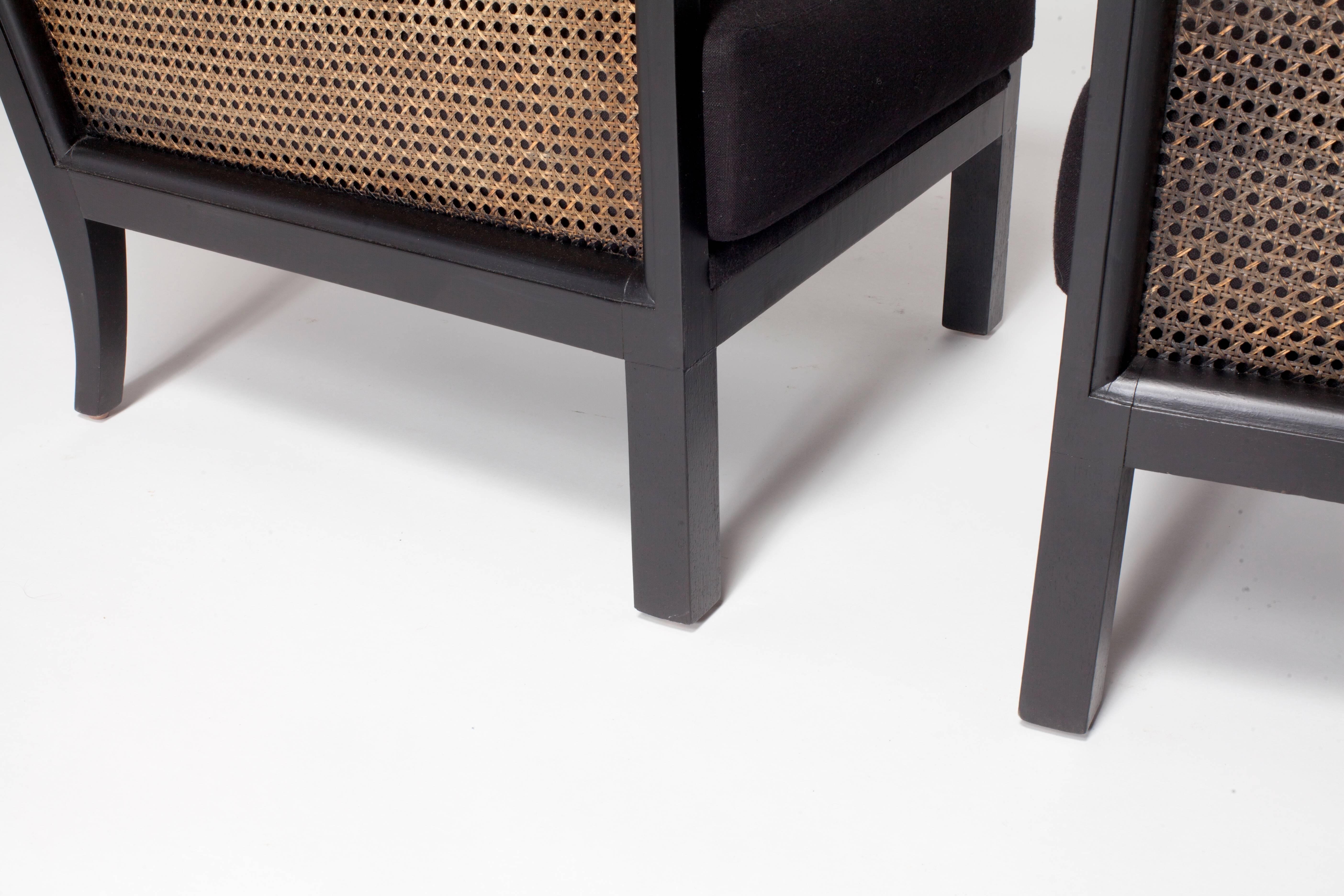 Late 20th Century Black Painted Armchair with Caned Sides, Upholstered in Black Linen