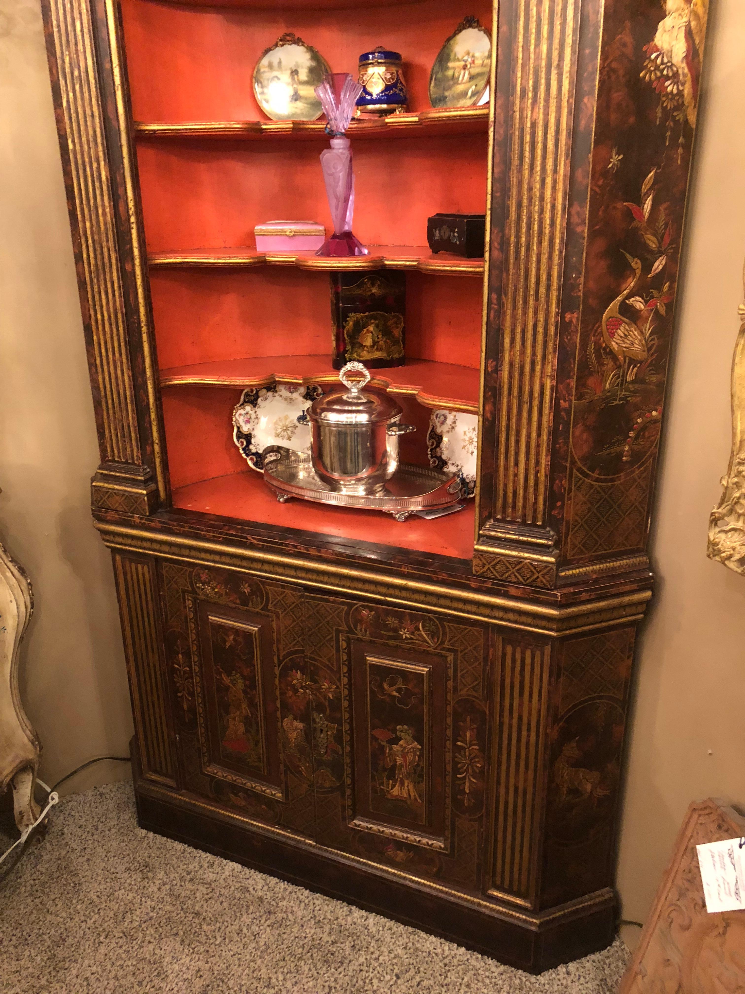 Pair of Black Painted Corner Cupboards with Pared Gilt Decoration and Open Shelf 10