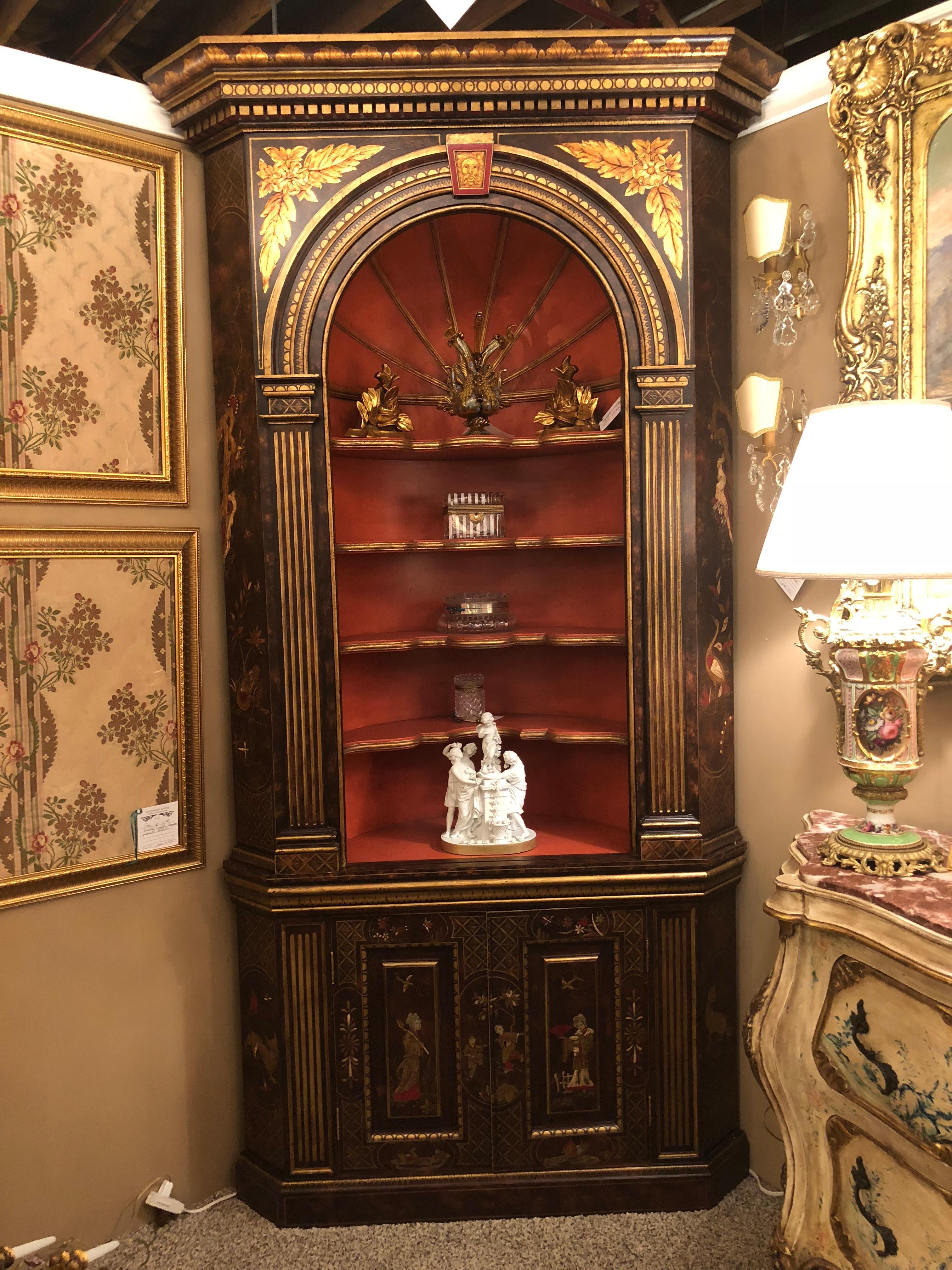 Chinoiserie Pair of Black Painted Corner Cupboards with Pared Gilt Decoration and Open Shelf