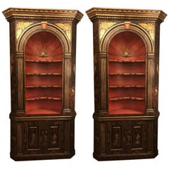 Pair of Black Painted Corner Cupboards with Pared Gilt Decoration and Open Shelf