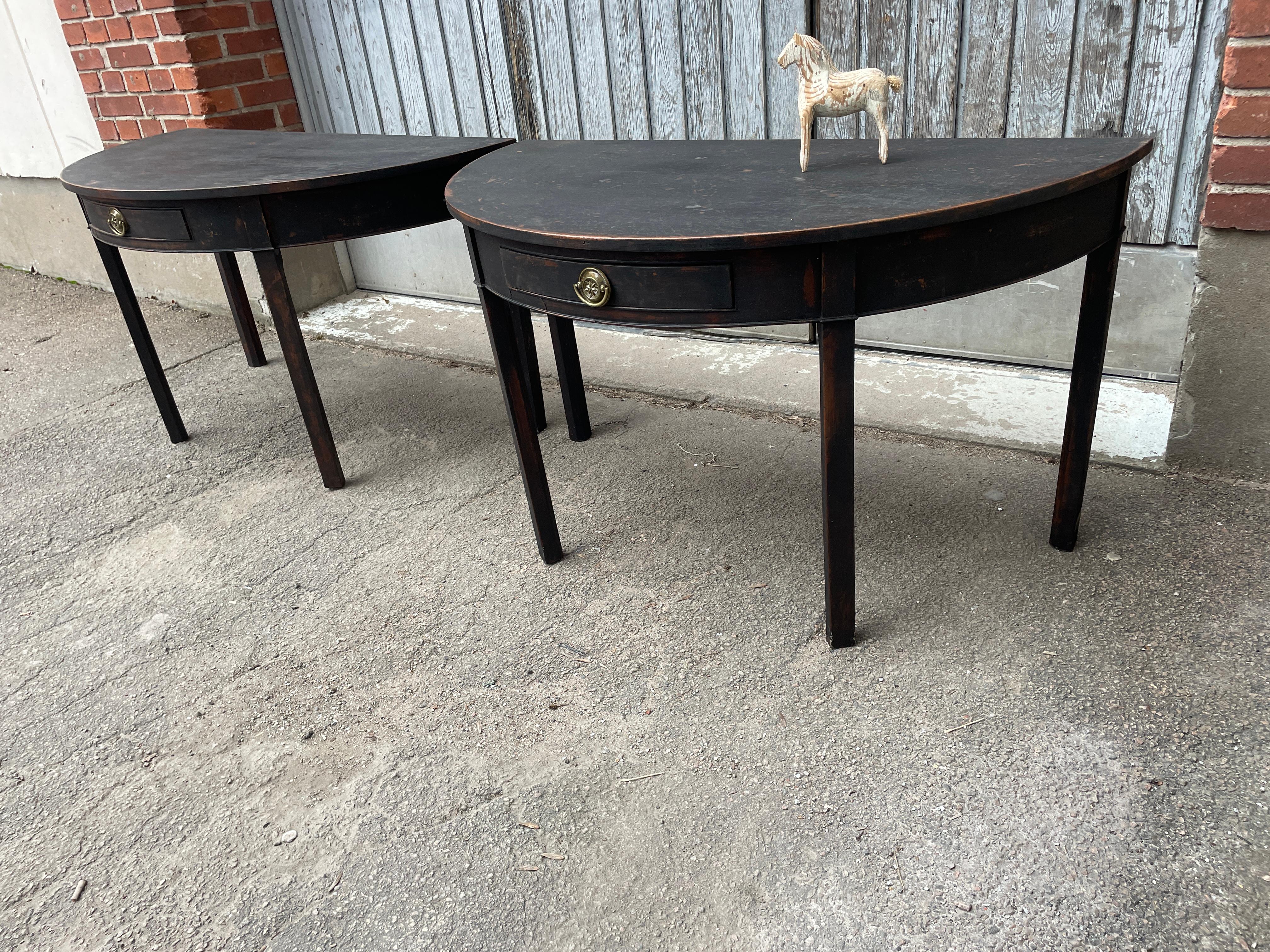 Pair of Black Painted Gustavian Demilune Table Consoles For Sale 3