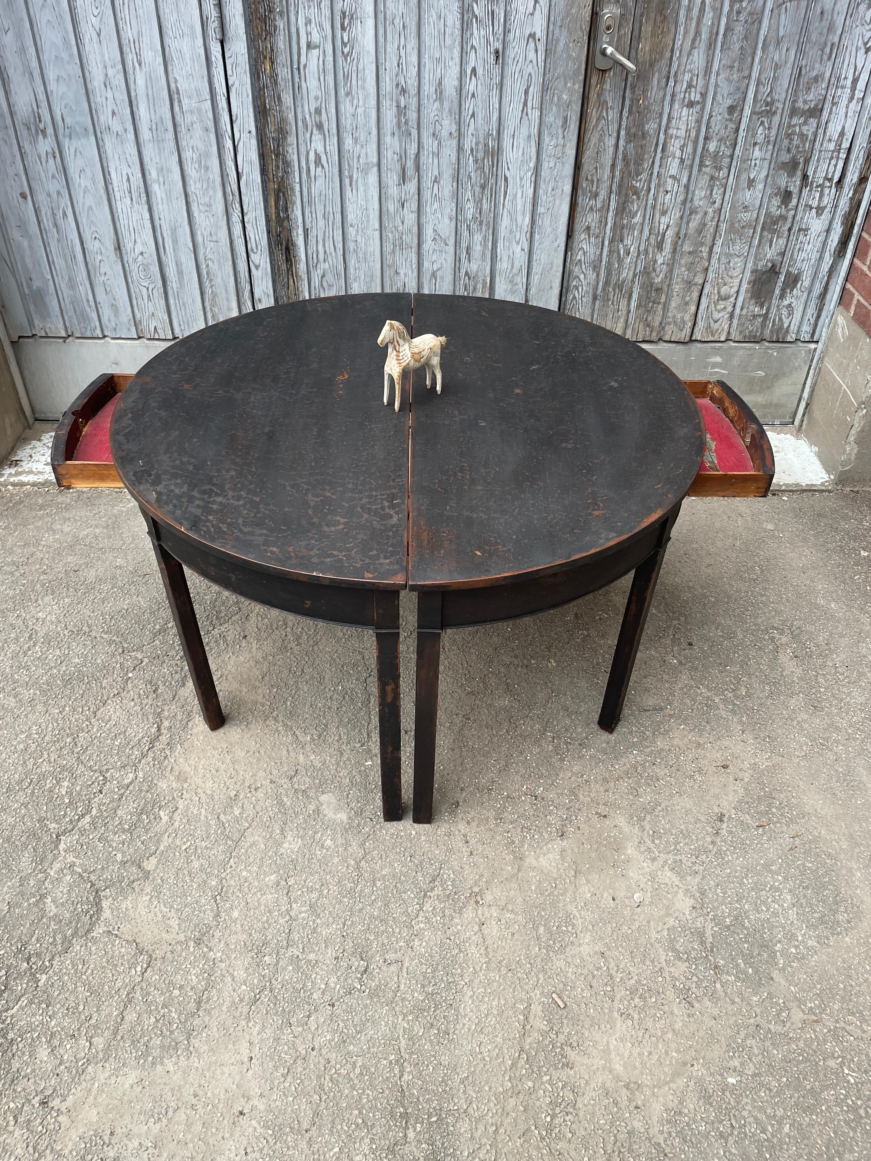 Pair of Black Painted Gustavian Demilune Table Consoles For Sale 6