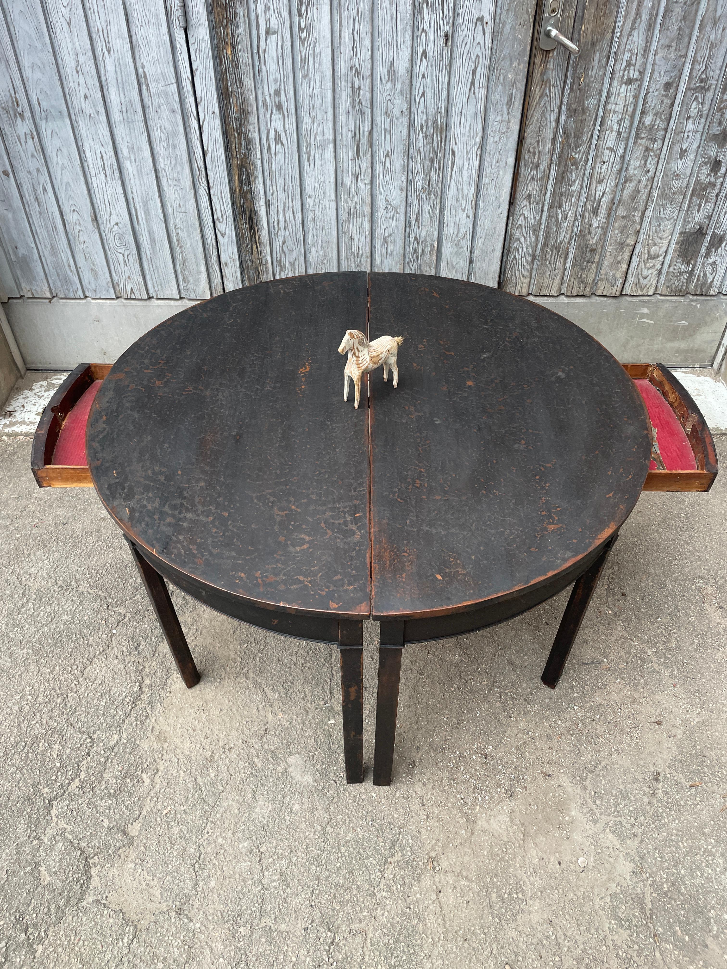 Pair of Black Painted Gustavian Demilune Table Consoles For Sale 7