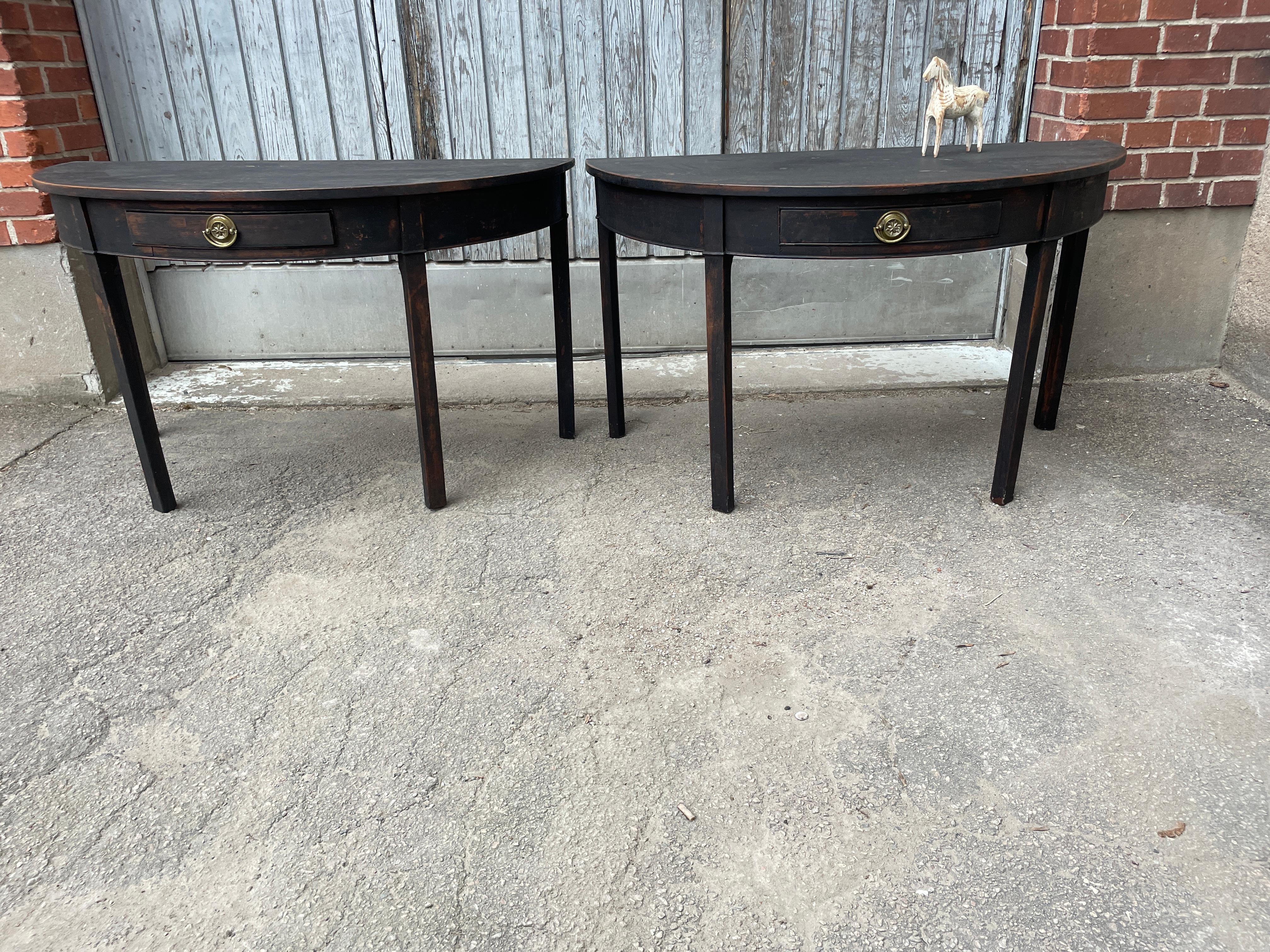 Swedish Pair of Black Painted Gustavian Demilune Table Consoles For Sale