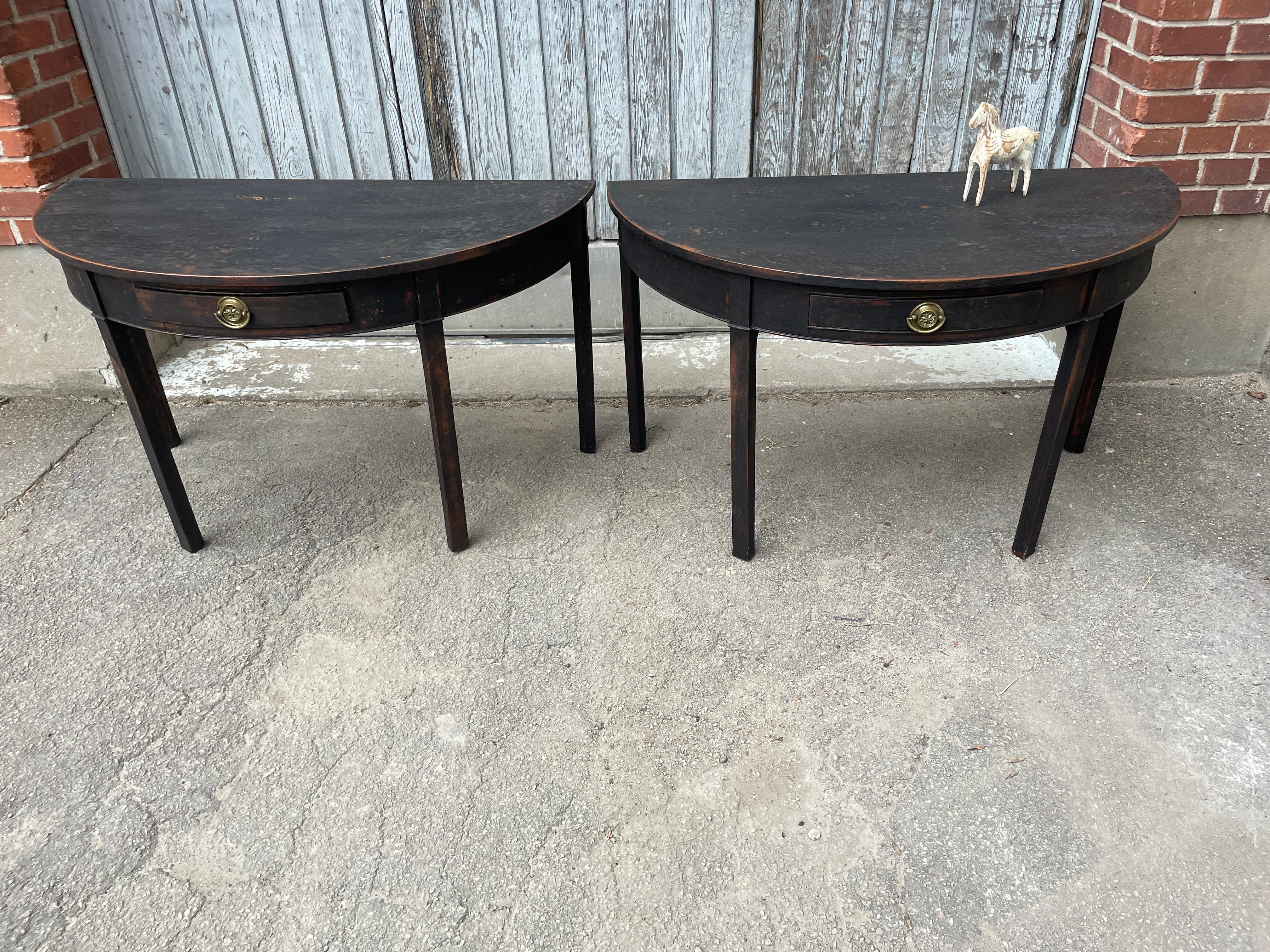 Hand-Painted Pair of Black Painted Gustavian Demilune Table Consoles For Sale