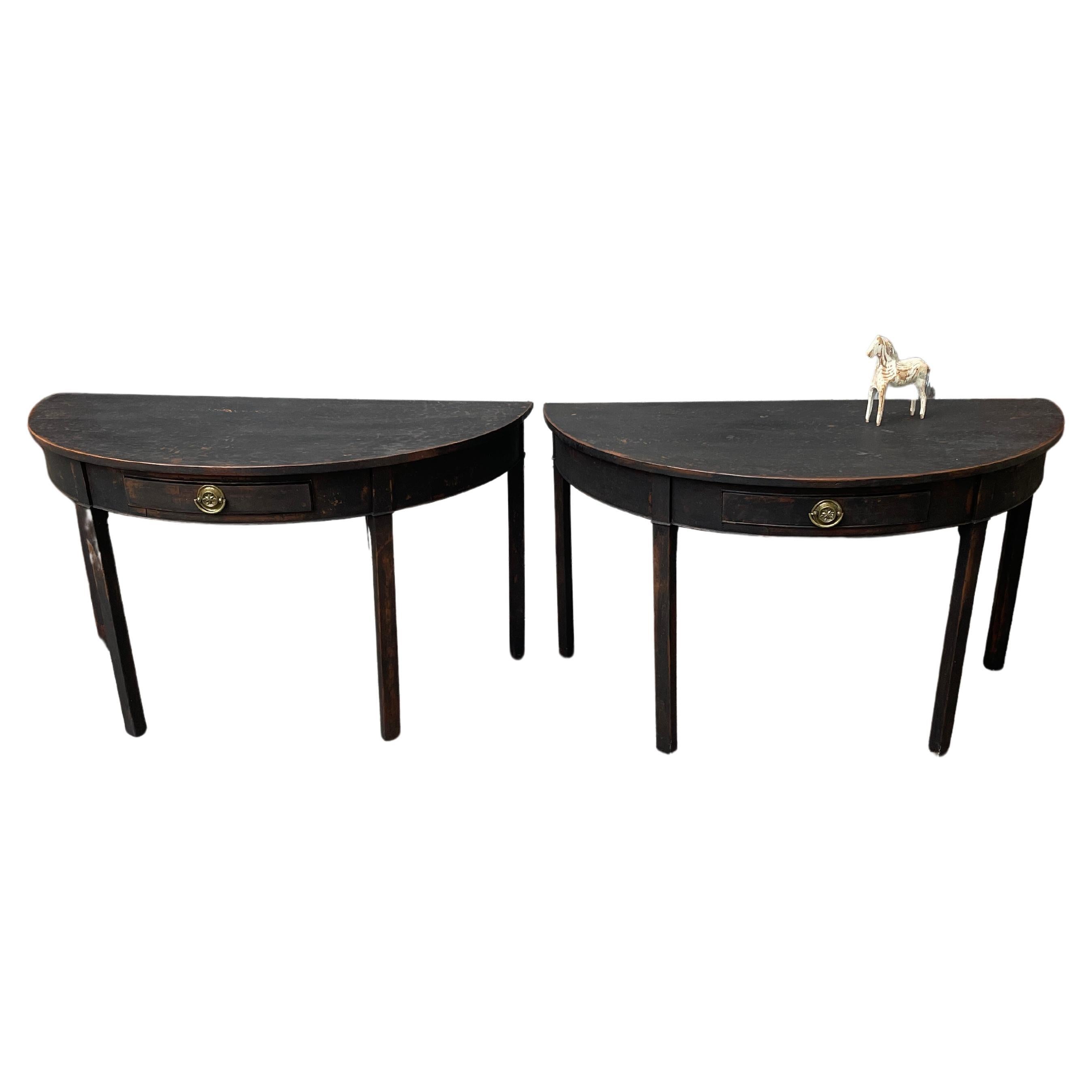 Pair of Black Painted Gustavian Demilune Table Consoles For Sale