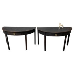 Pair of Black Painted Gustavian Demilune Table Consoles