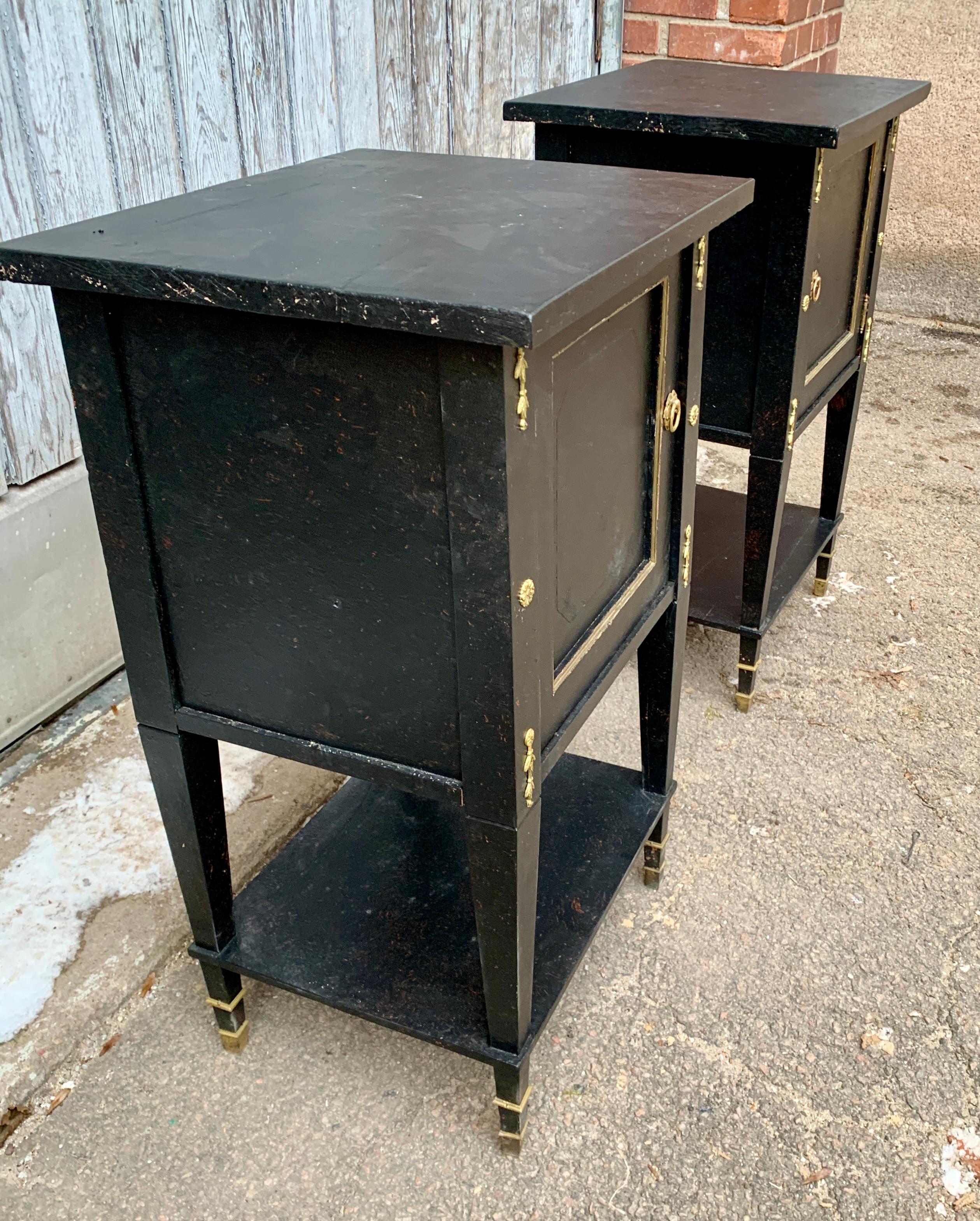Pair of Black Painted Gustavian Nightstands With Brass Decorations For Sale 3