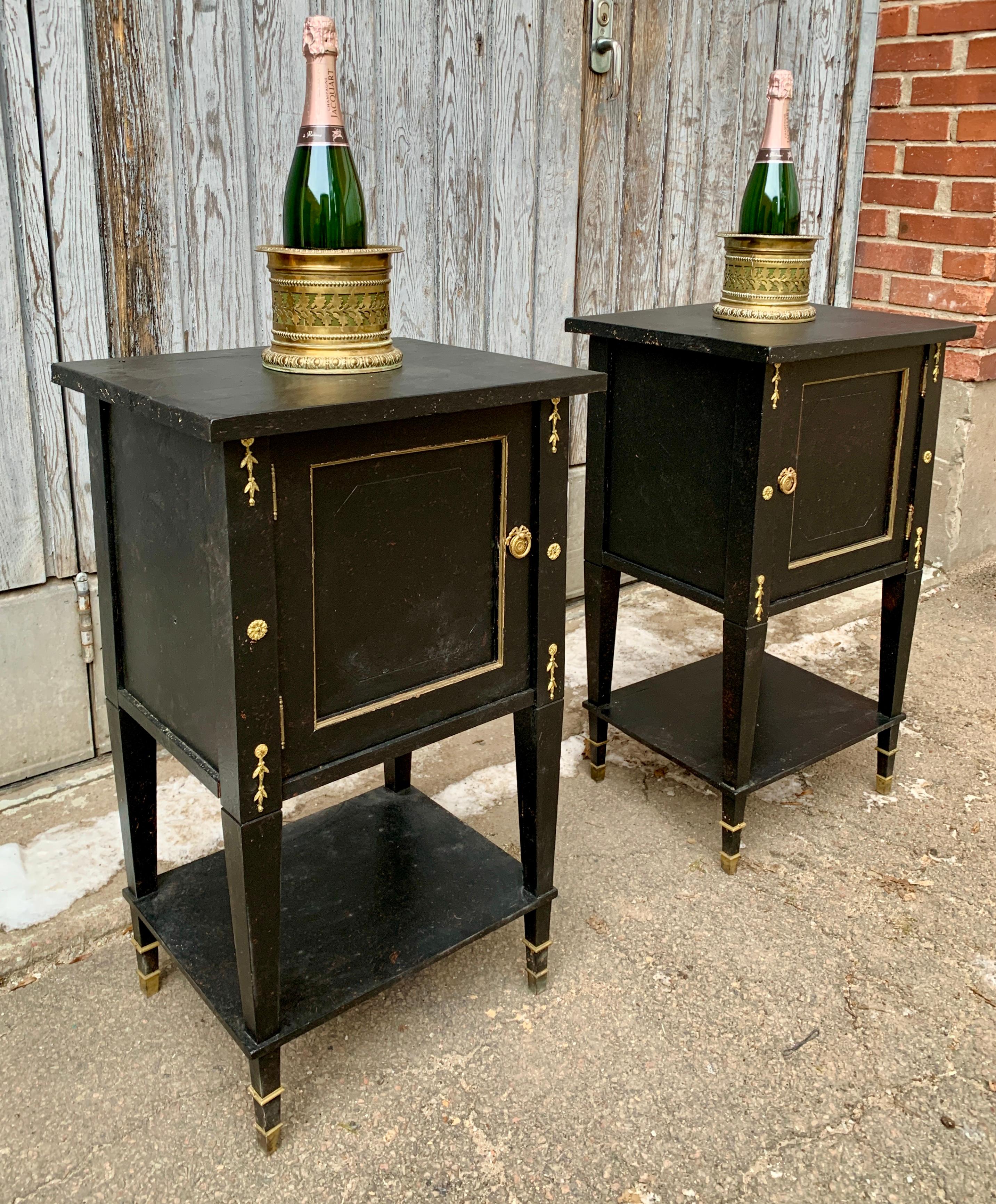 Pair of Black Painted Gustavian Nightstands With Brass Decorations For Sale 7