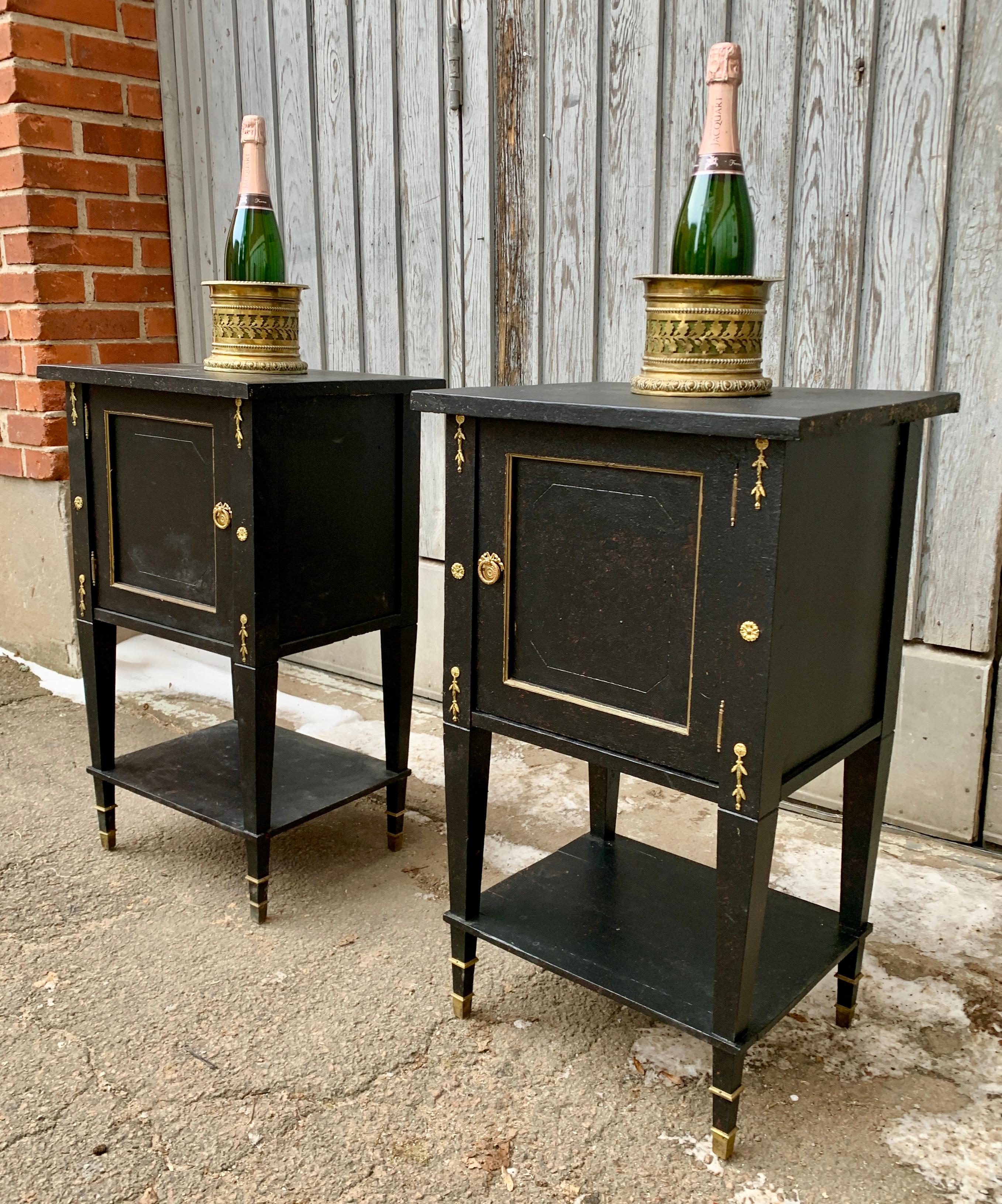Pair of Black Painted Gustavian Nightstands With Brass Decorations 8