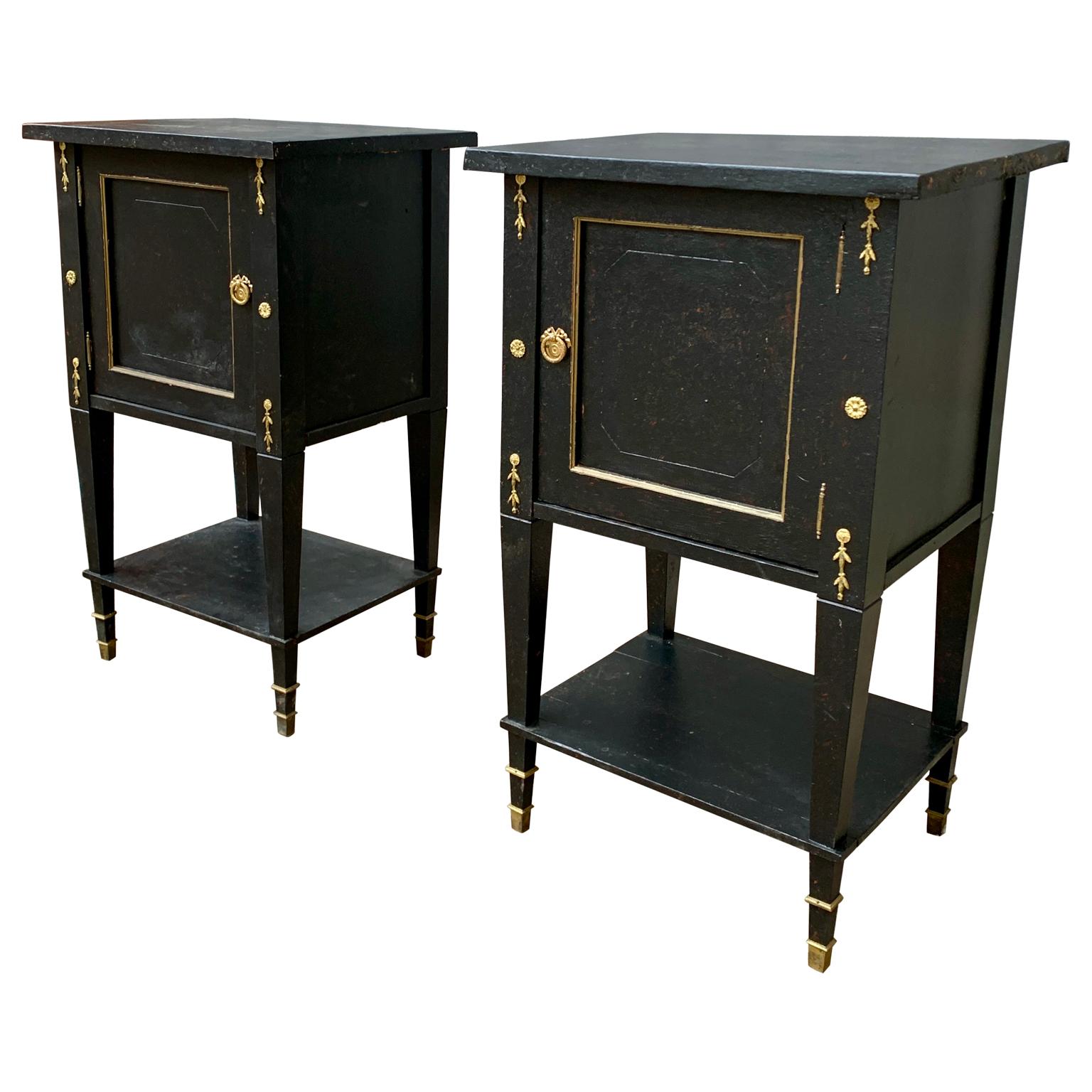 Swedish Pair of Black Painted Gustavian Nightstands With Brass Decorations