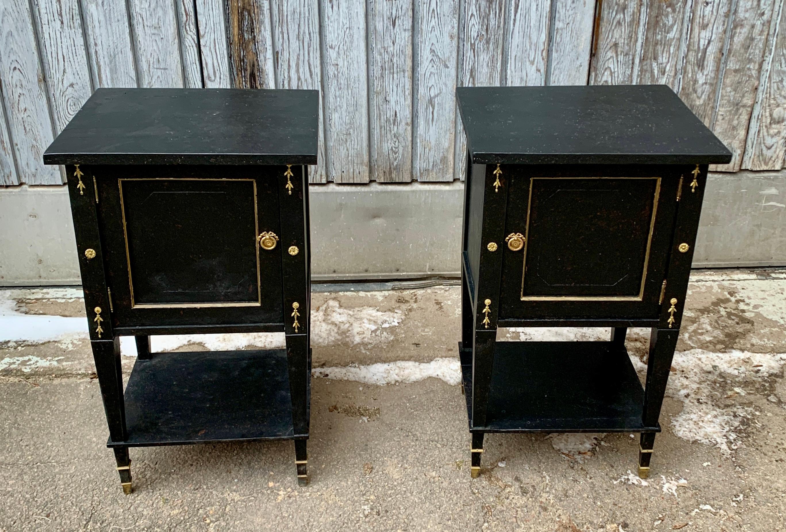 Mid-20th Century Pair of Black Painted Gustavian Nightstands With Brass Decorations