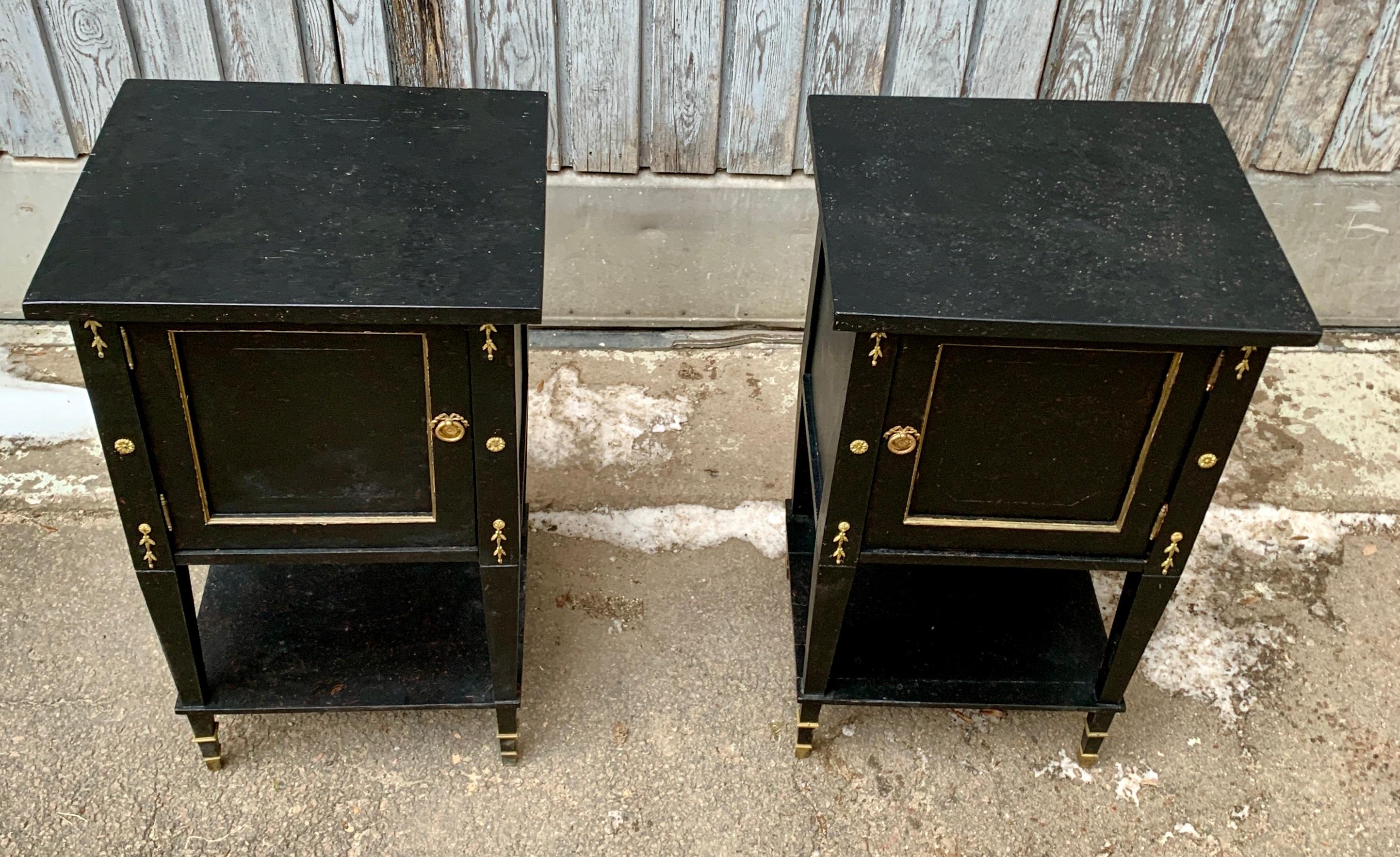 Pair of Black Painted Gustavian Nightstands With Brass Decorations For Sale 1