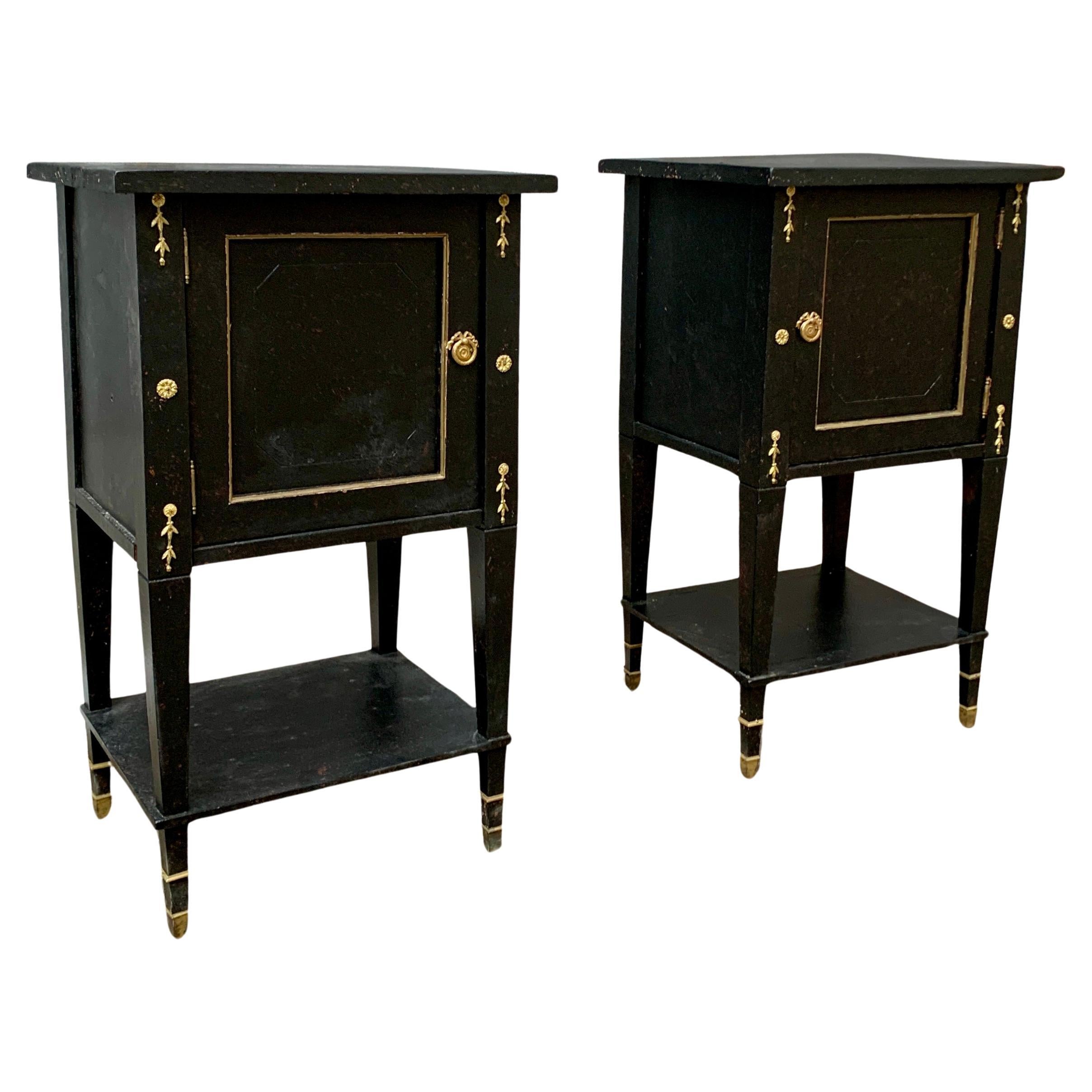 Pair of Black Painted Gustavian Nightstands With Brass Decorations For Sale
