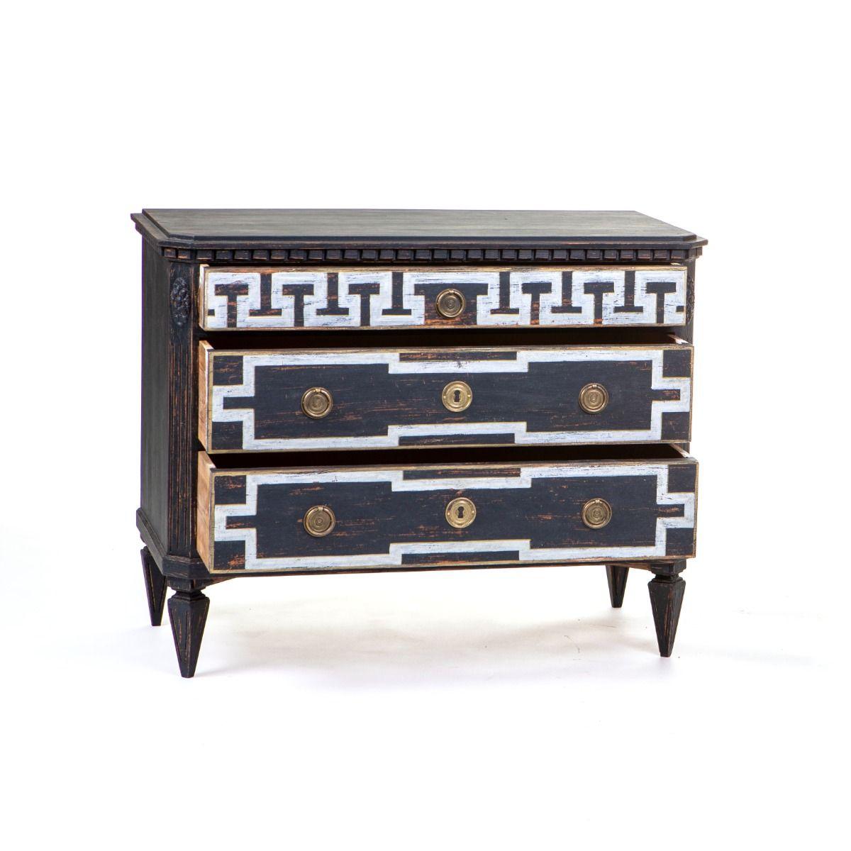 Pareja de cómodas suecas del siglo XIX de estilo Gustaviano pintadas en blanco y negro en Bueno estado para la venta en Kastrup, DK