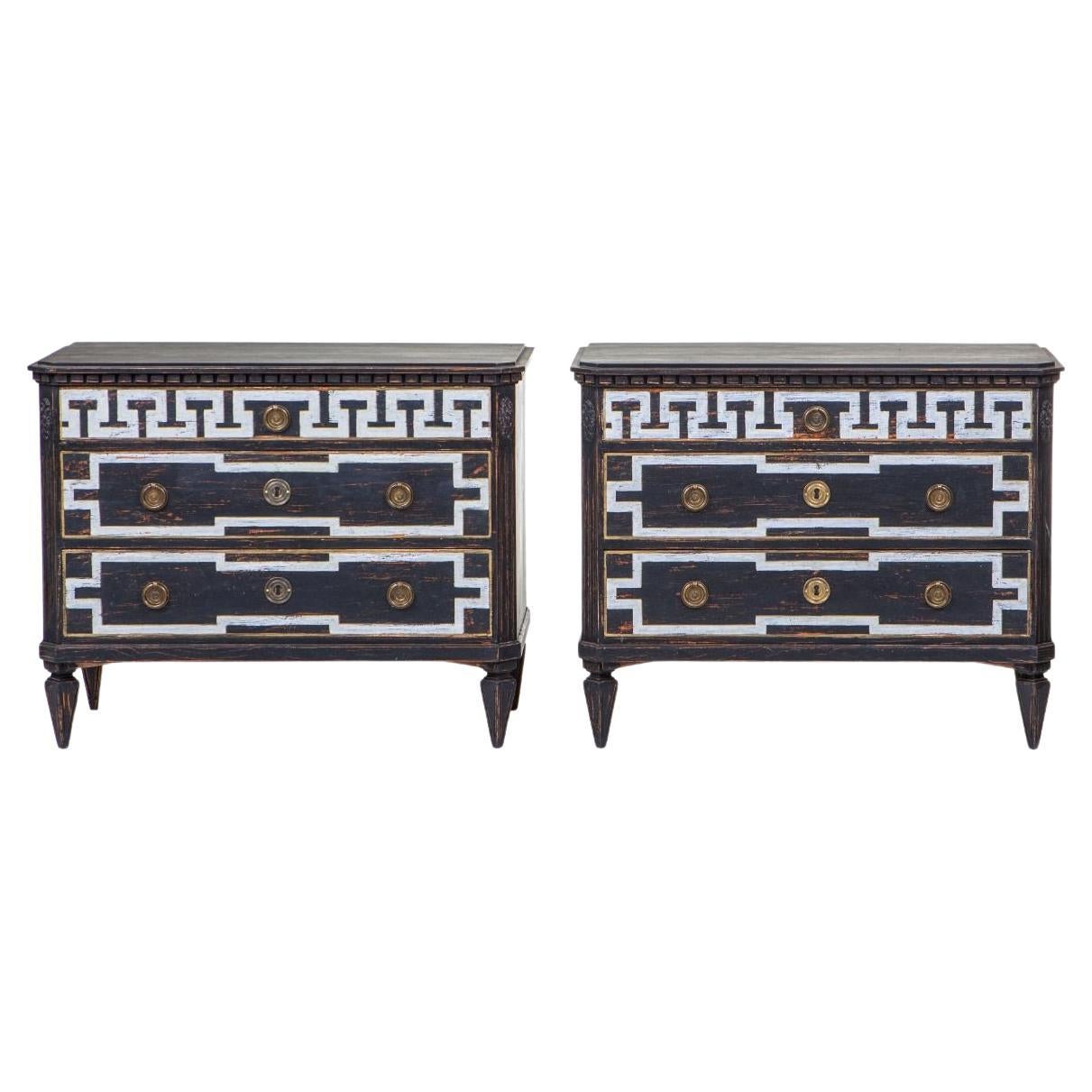 Pair of 19th Century Swedish Gustavian Style Black & White Painted Commodes