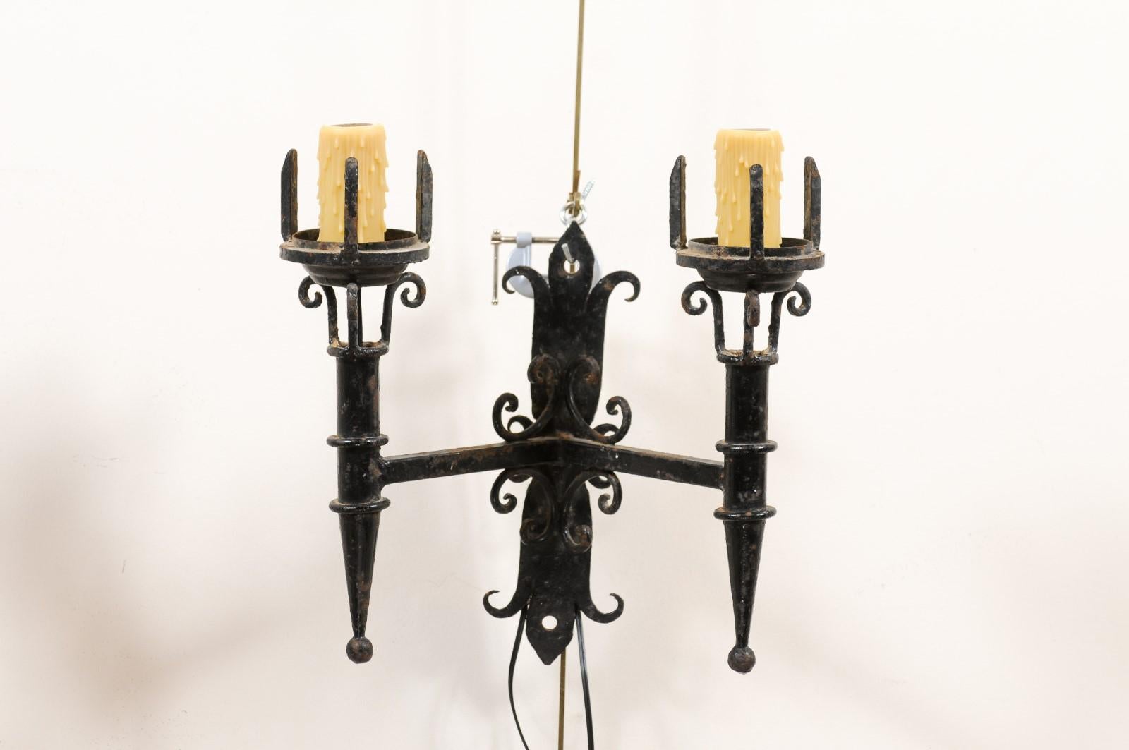 Pair of Black Painted Iron Sconces with Scroll Detail & 2 Lights, 20th Century In Good Condition For Sale In Atlanta, GA