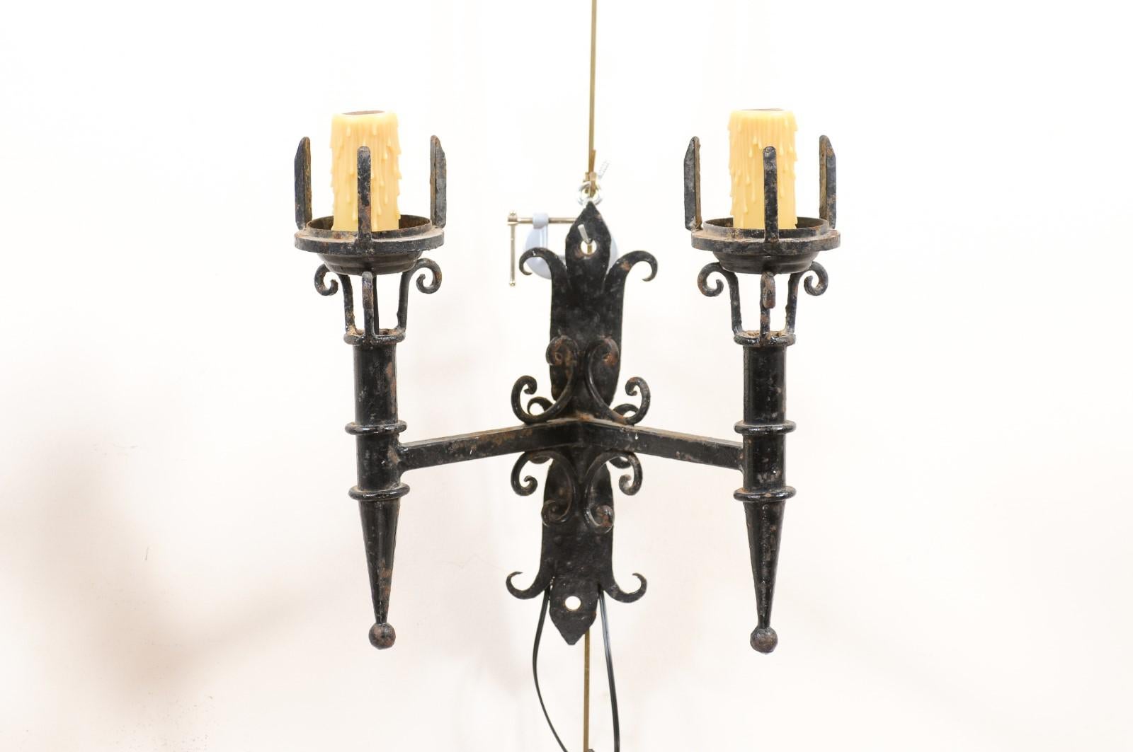 Pair of Black Painted Iron Sconces with Scroll Detail & 2 Lights, 20th Century For Sale 1