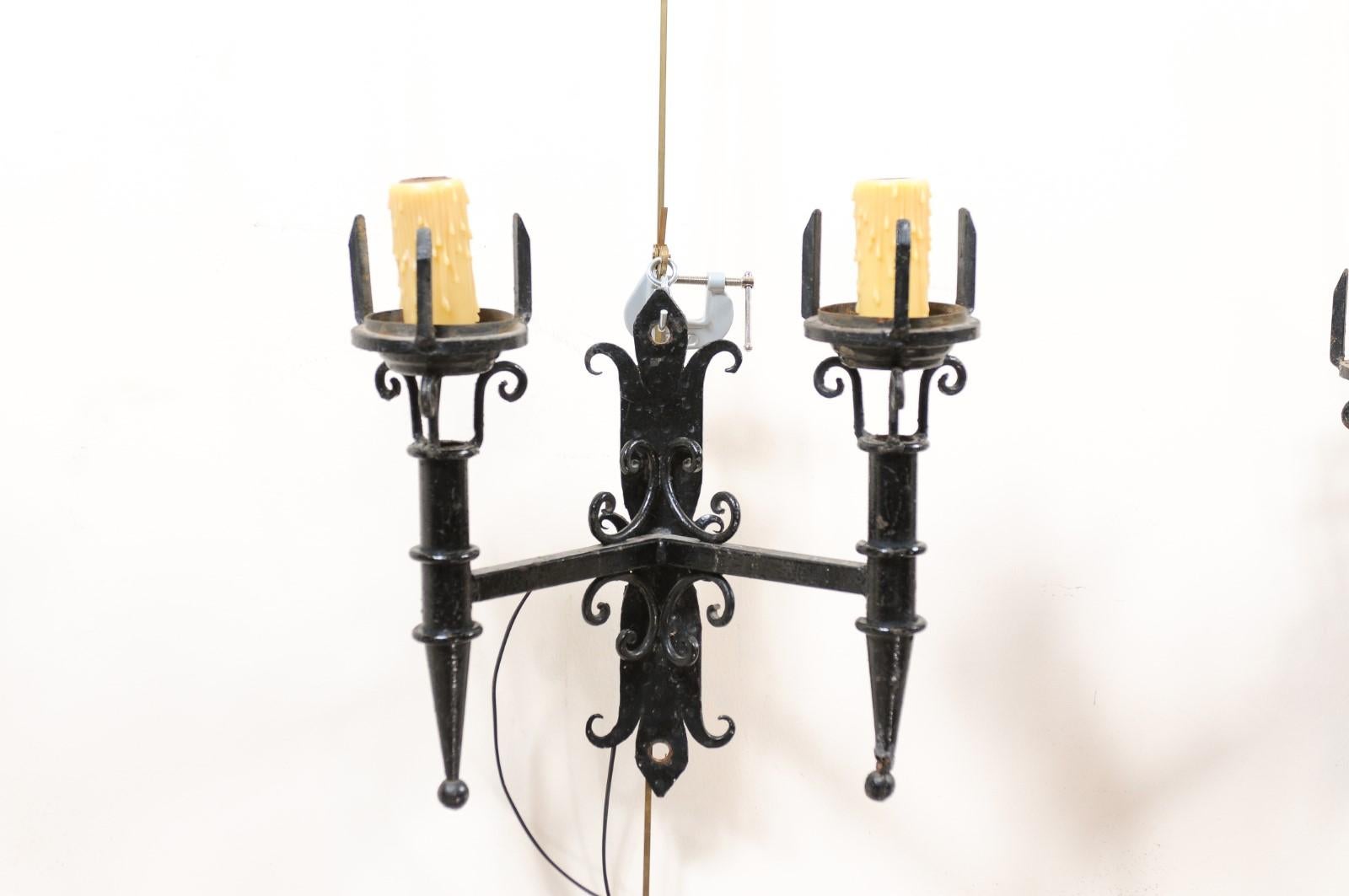 Pair of Black Painted Iron Sconces with Scroll Detail & 2 Lights, 20th Century For Sale 2