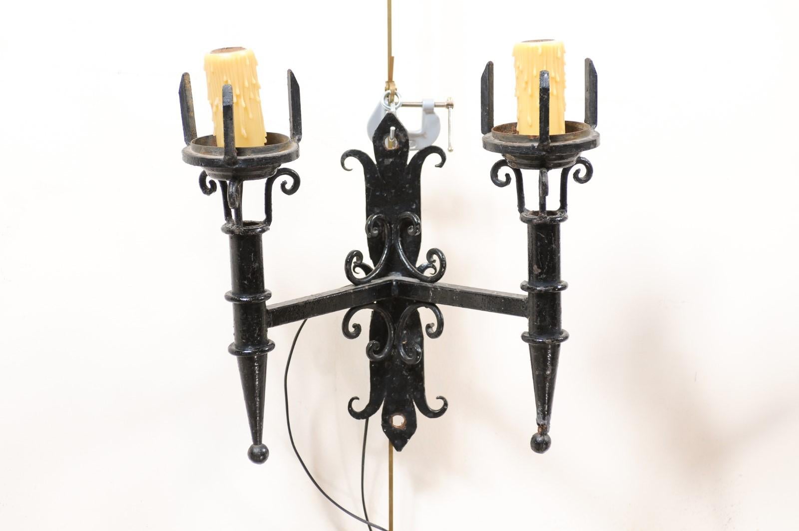 Pair of Black Painted Iron Sconces with Scroll Detail & 2 Lights, 20th Century For Sale 3