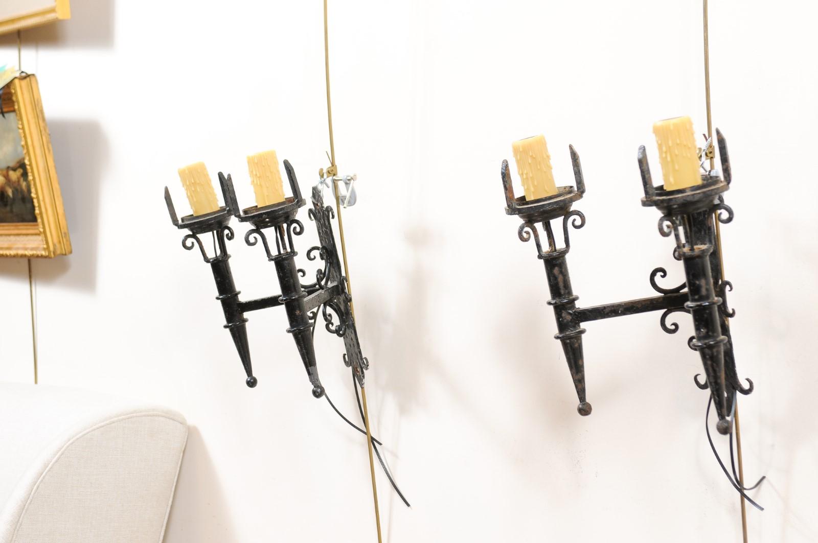 Pair of Black Painted Iron Sconces with Scroll Detail & 2 Lights, 20th Century For Sale 4