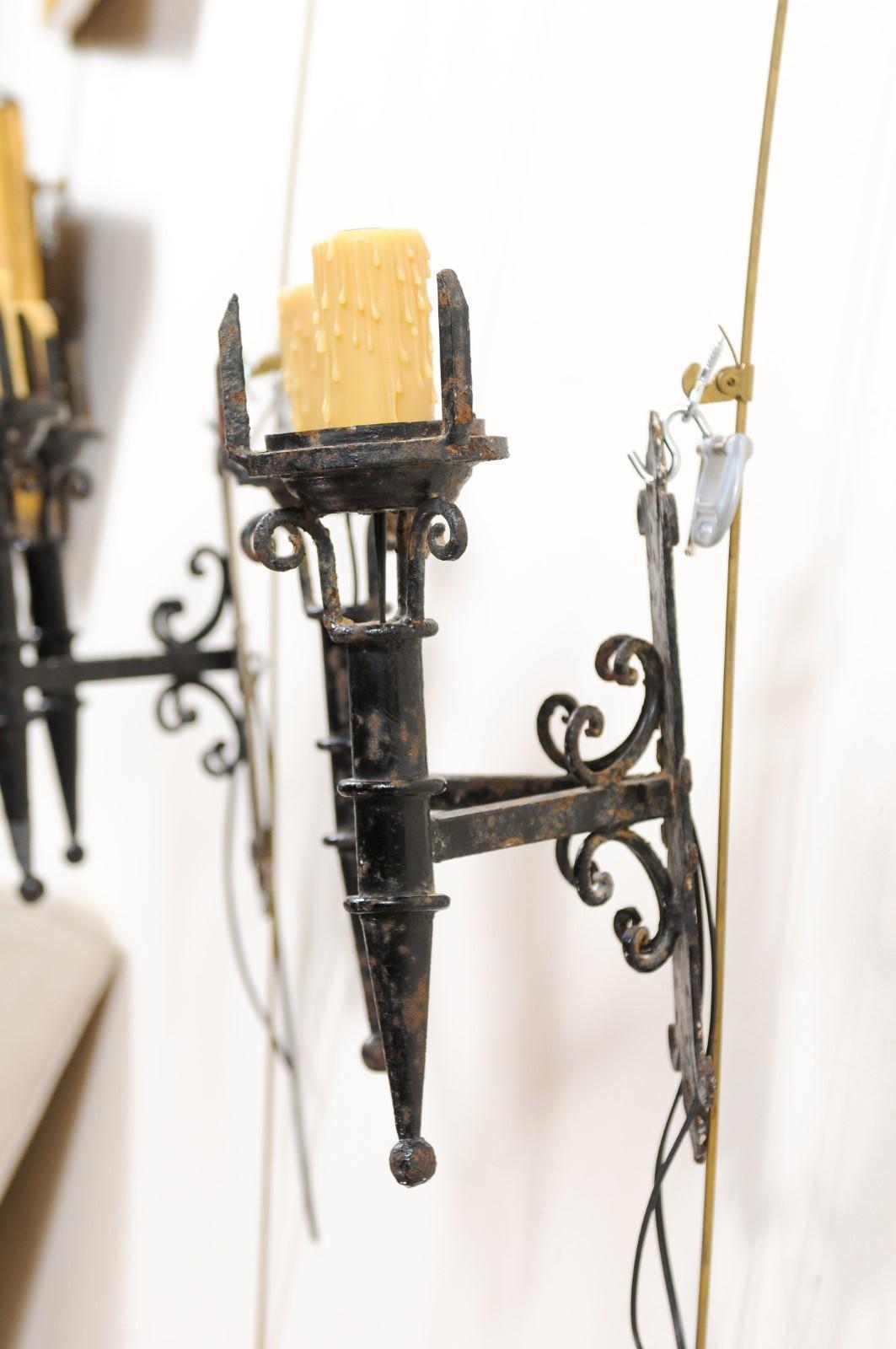 Pair of Black Painted Iron Sconces with Scroll Detail & 2 Lights, 20th Century For Sale 5