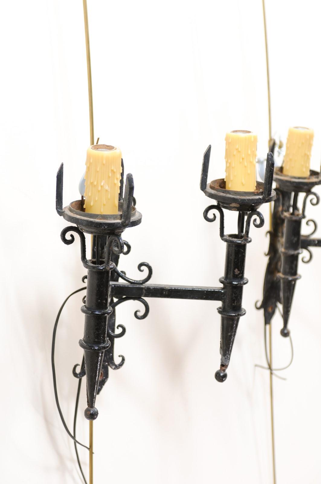 Pair of Black Painted Iron Sconces with Scroll Detail & 2 Lights, 20th Century For Sale 6